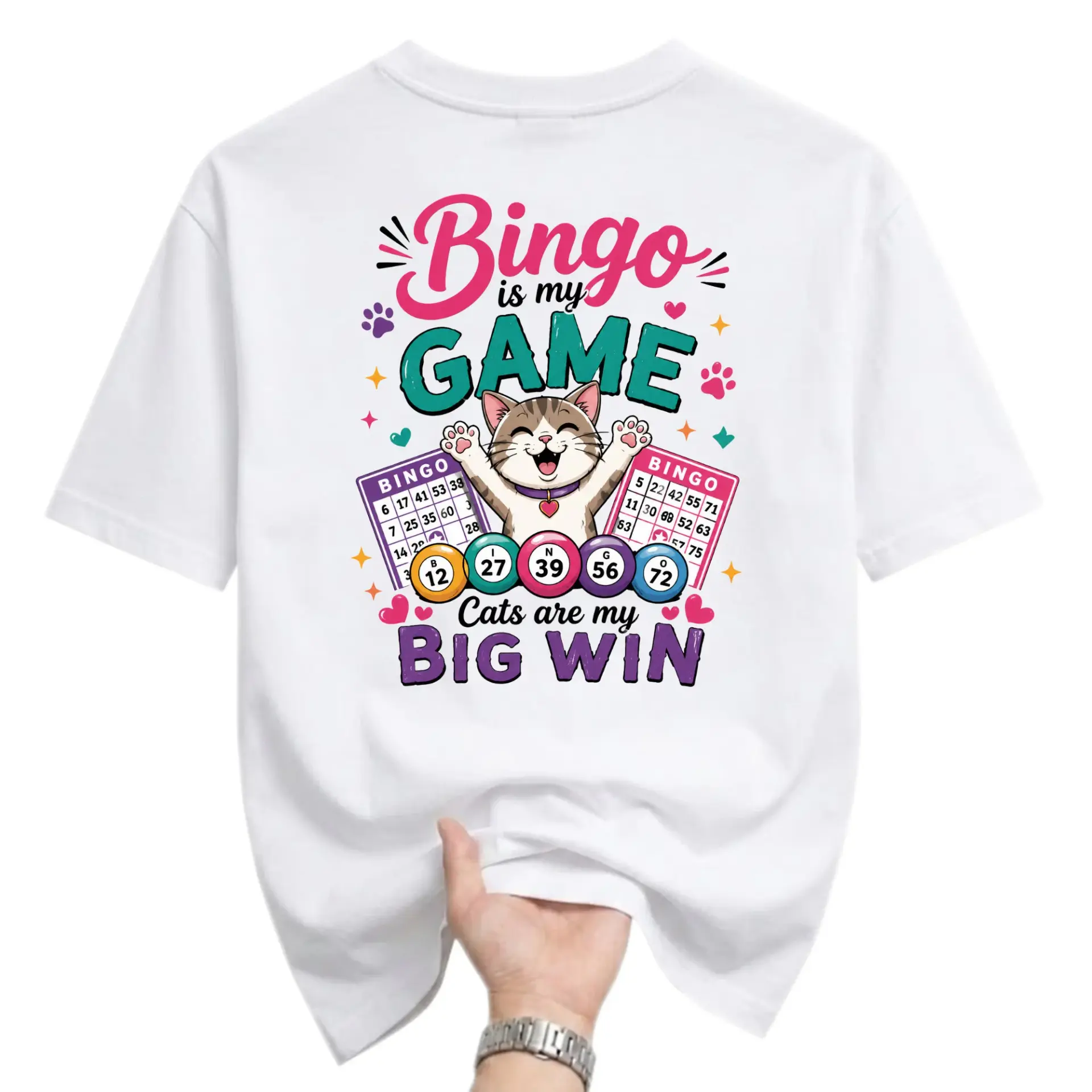 Graphic Tee Bingo Is My Game Cat Lover Unisex Crew Neck T-Shirt Funny Hobby Casual Apparel for Men and Women White