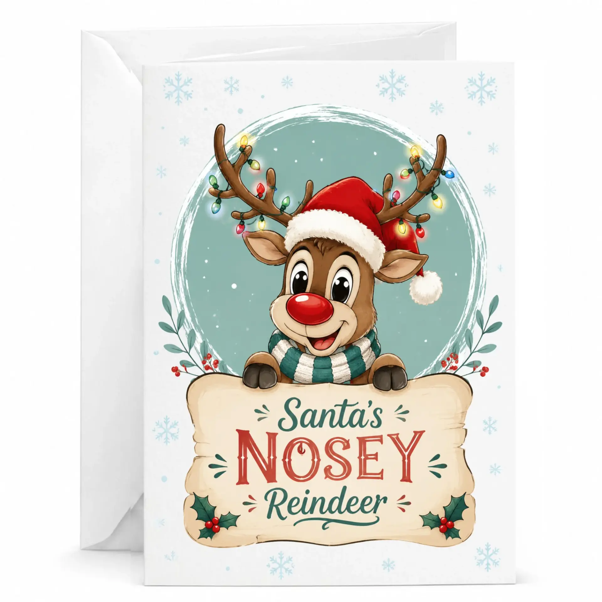 Greeting Card Santa's Nosey Reindeer Holiday Illustration Professional Printed Stationery for Seasonal Correspondence