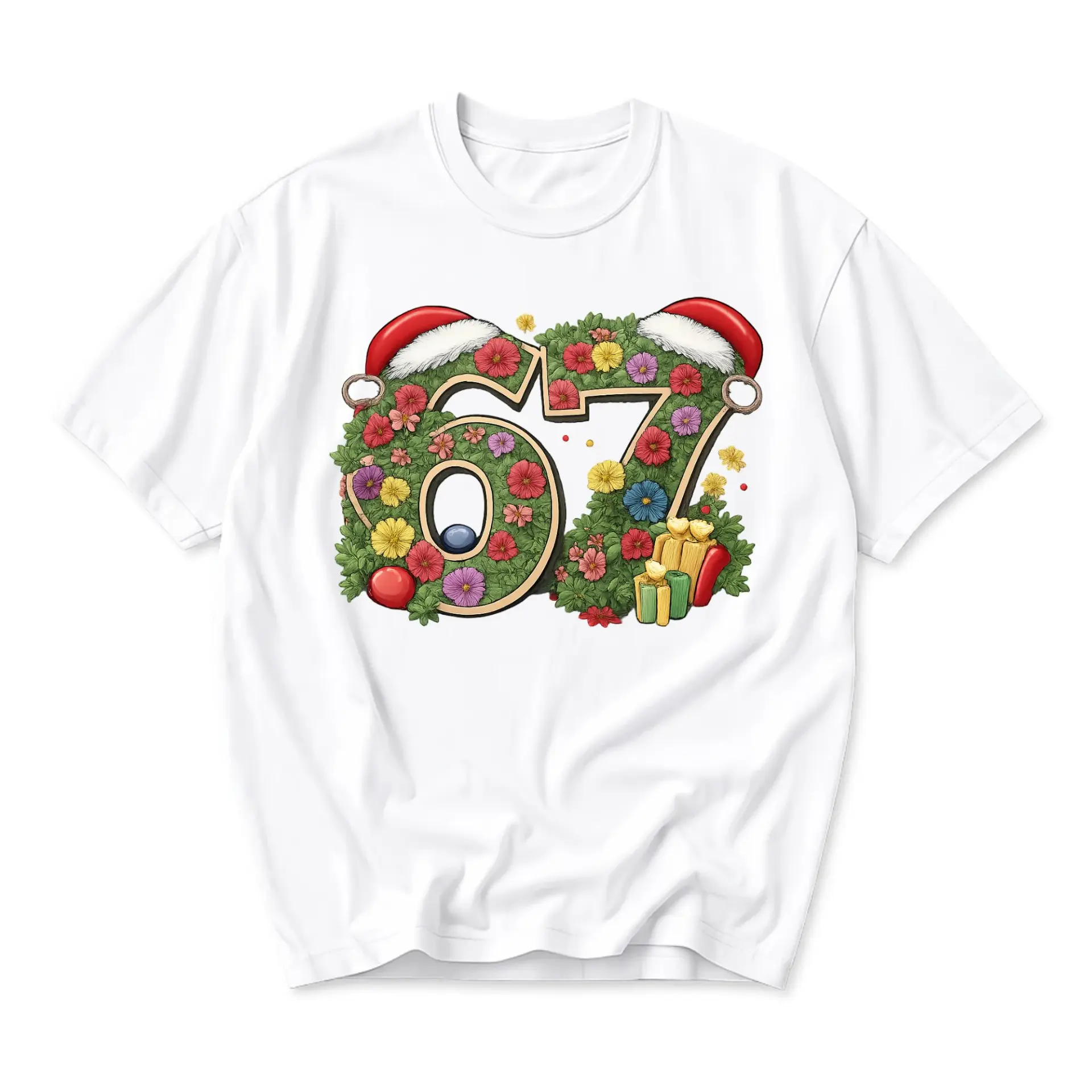Graphic Tee Number 67 Floral Christmas Wreath Unisex Crew Neck T-Shirt