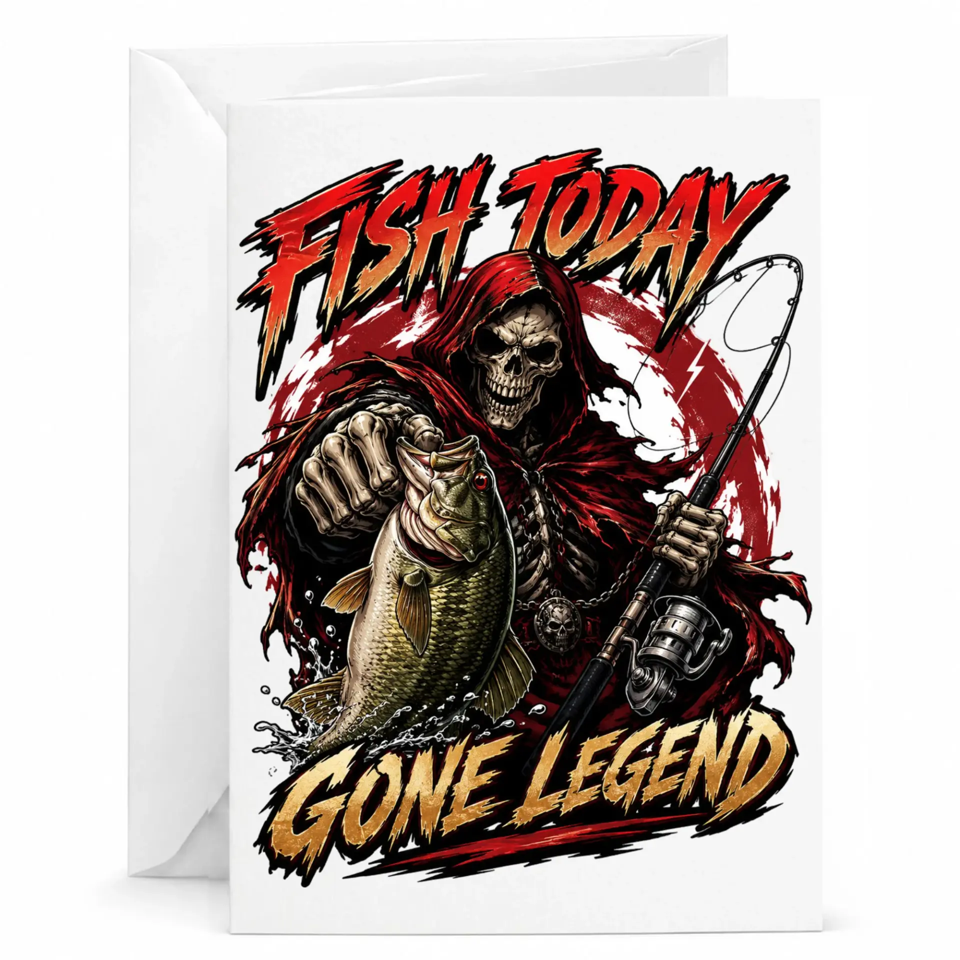 Funny Fishing Greeting Card Skeleton Angler Fish Today Gone Legend Illustration for Fisherman Birthday or Holiday