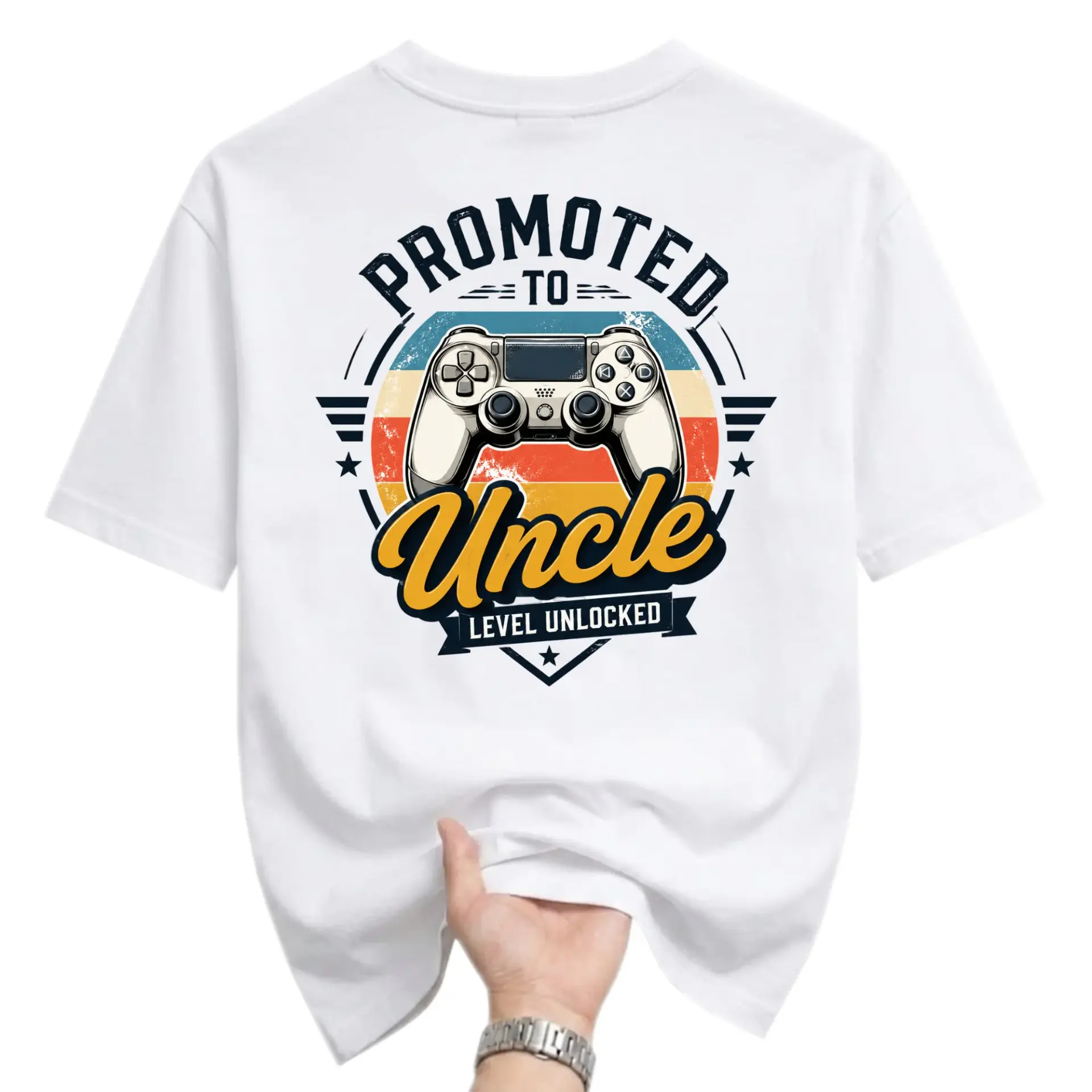 Funny Shirt Promoted to Uncle Level Unlocked Video Game Controller Graphic Unisex Casual Crew Neck Apparel White