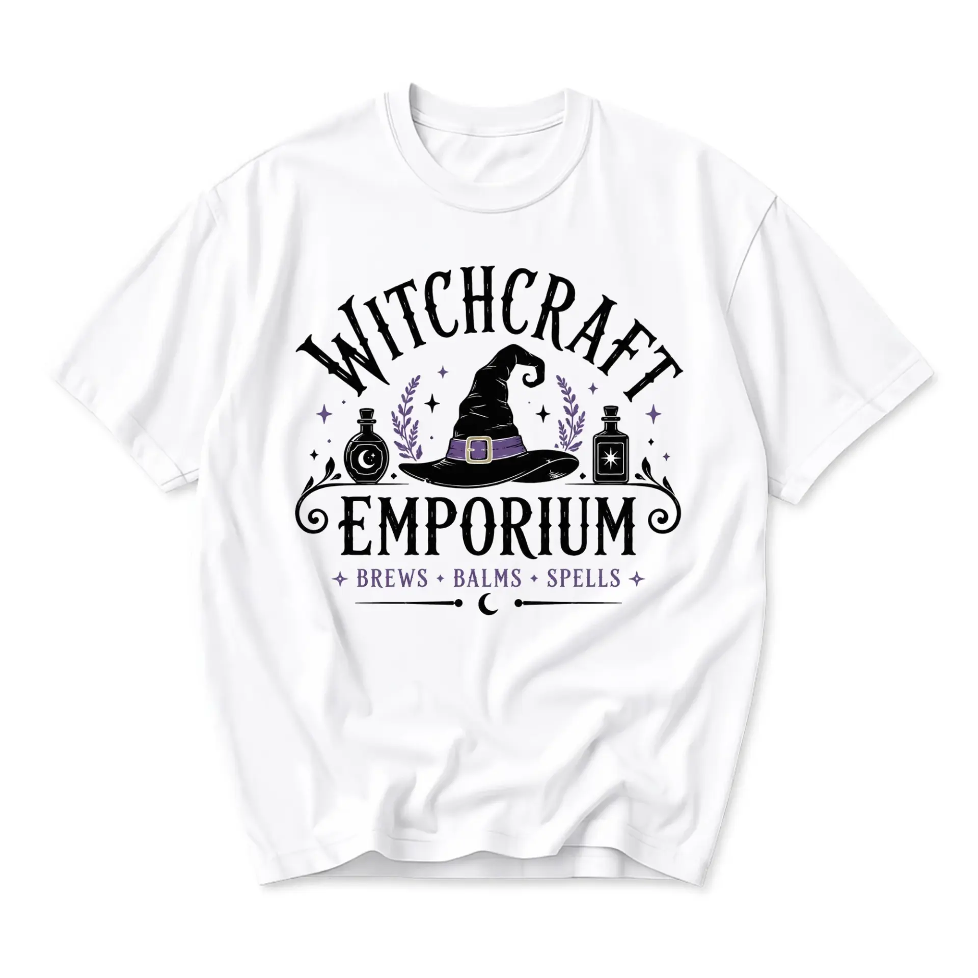 Graphic Tee Witchcraft Emporium Brews Balms Spells Unisex Cotton Crew Neck Short Sleeve Shirt for Casual Everyday Wear