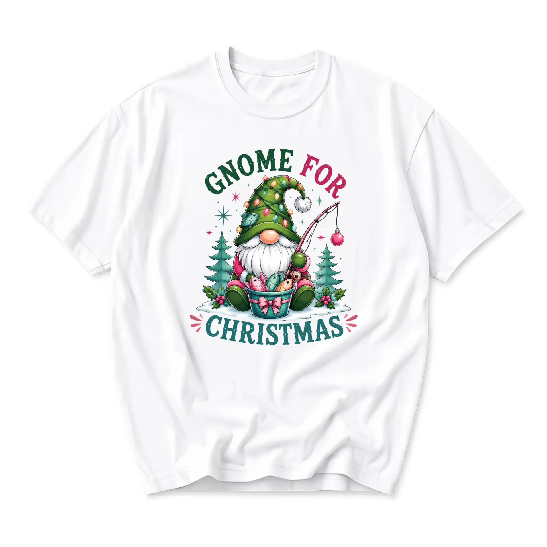 Funny Shirt Gnome for Christmas Graphic Tee Unisex Holiday Fishing Themed Apparel Casual Crew Neck Cotton T-Shirt