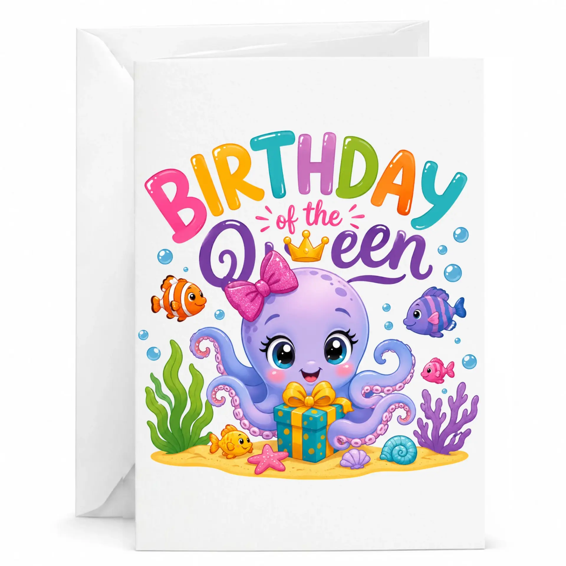 Birthday Card of Featuring Cute Purple with Gift and Colorful Underwater Sea Life Illustration