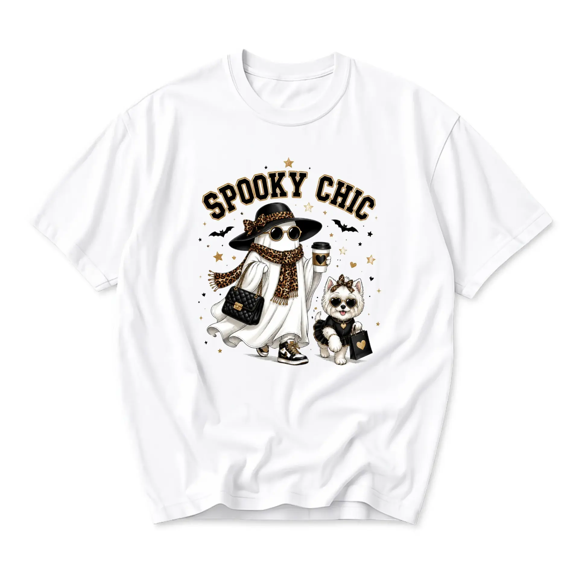 Graphic Tee Spooky Chic Ghost and Dog Fashion Illustration Unisex Crew Neck Casual Everyday Printed T-Shirt White
