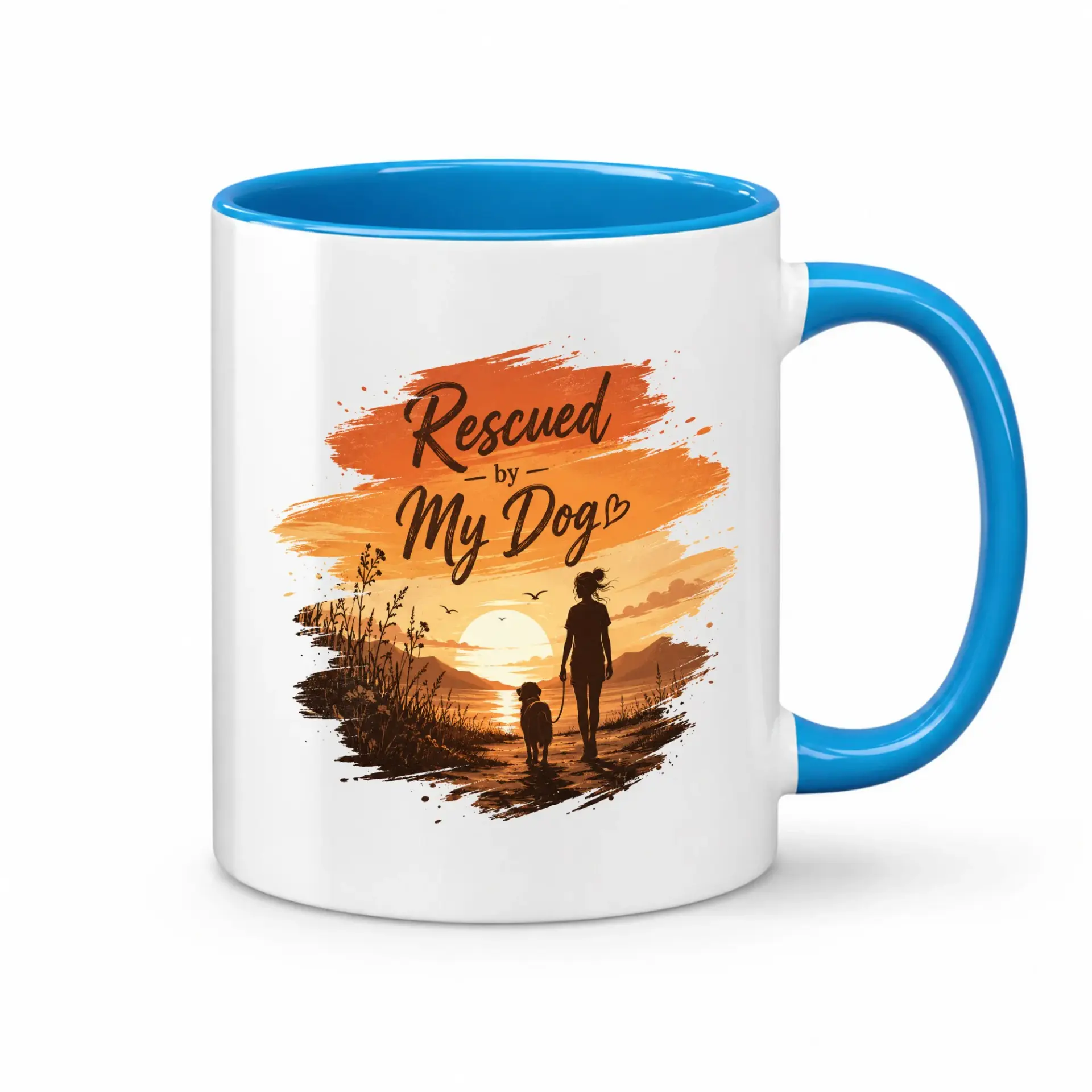 Rescued by My Dog Ceramic Coffee Mug Two Blue Handle Decorative Beverage Cup for Pet Owners and Lovers