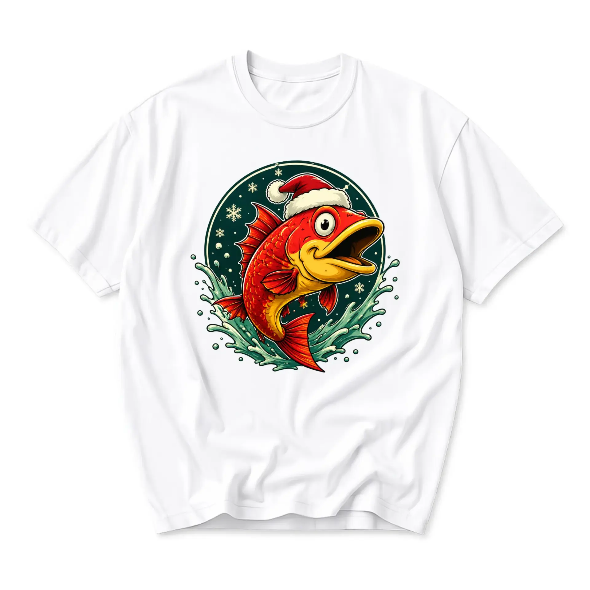 Funny Shirt Holiday Fishing Graphic Tee Festive Red Fish in Santa Hat