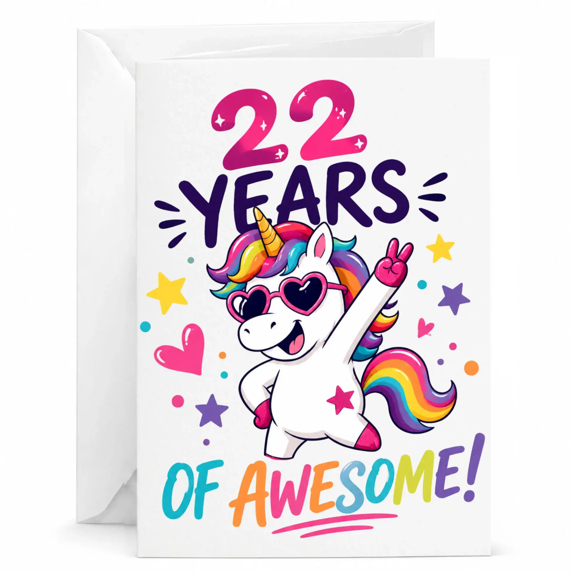 Birthday Card 22 Years of Awesome Funny Unicorn Greeting Card for Twenty Second Birthday Celebration with White Envelope