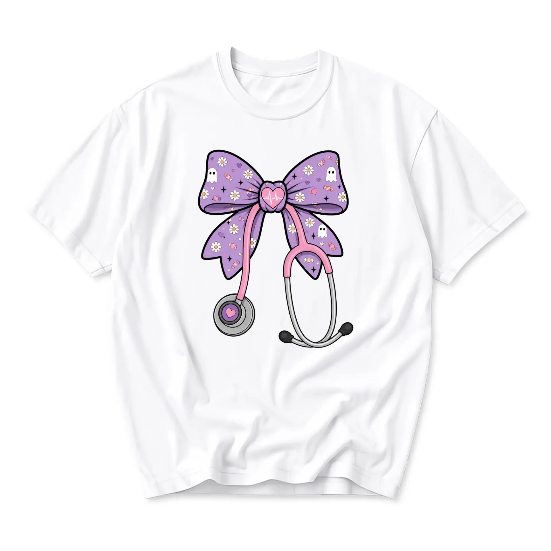 Graphic Tee Unisex Crew Neck T-Shirt Featuring Spooky Bow and Stethoscope Medical Illustration Apparel White
