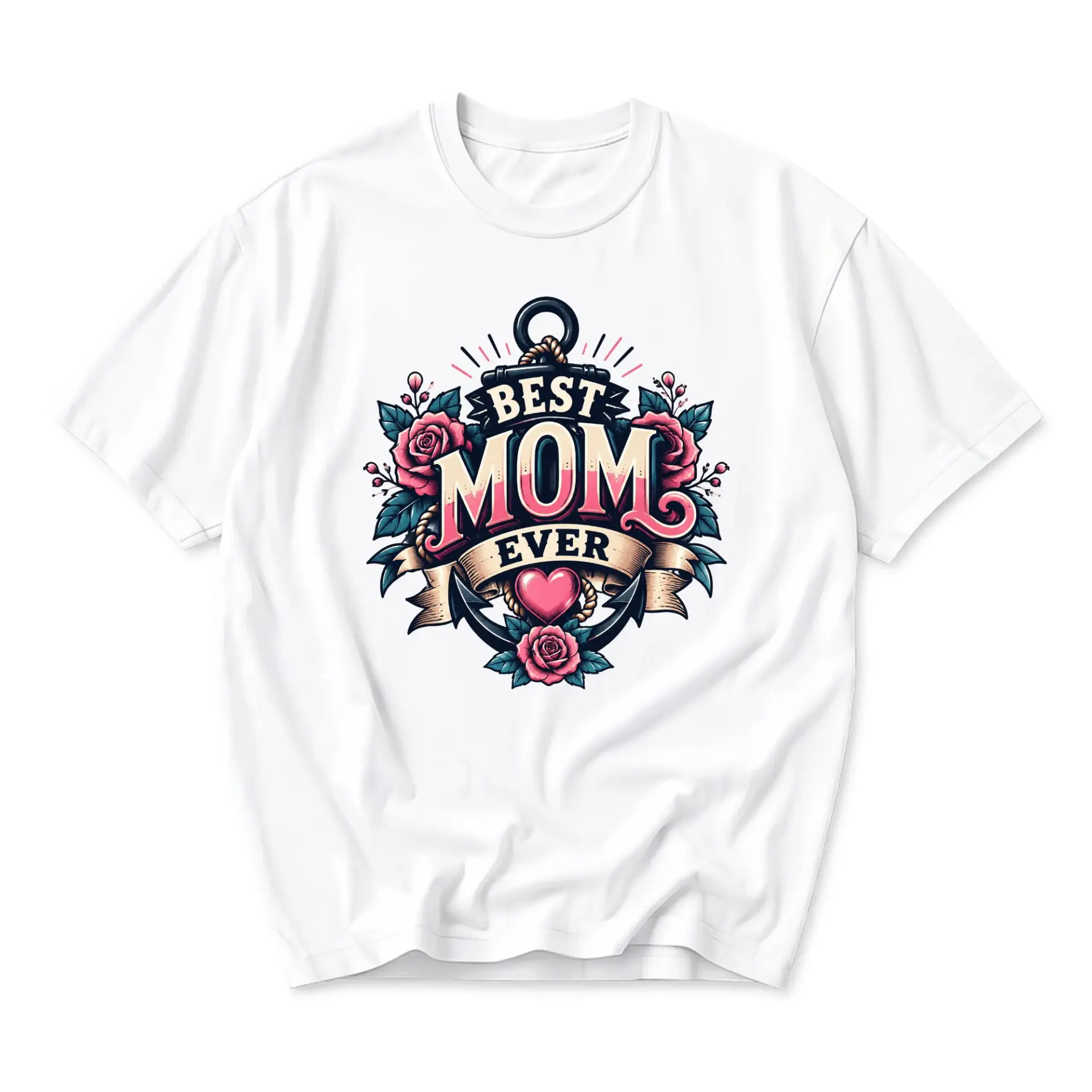 Graphic Tee Best Mom Ever Anchor and Rose Vintage Tattoo Style Unisex Crew Neck Casual Everyday Cotton T-Shirt