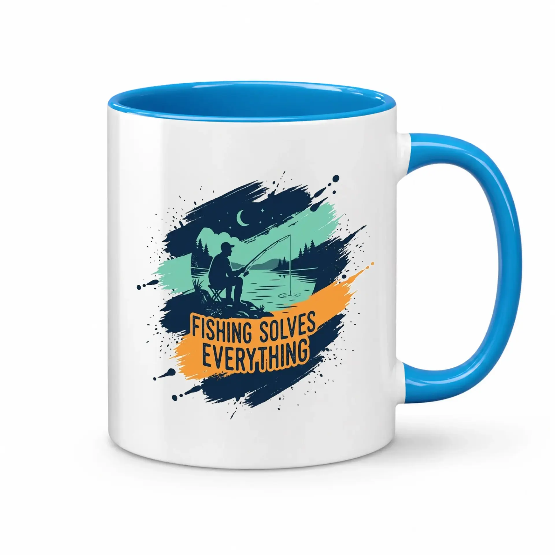 Fishing Solves Everything Two Ceramic Mug for Outdoor Enthusiasts and Anglers Blue Interior Handle Coffee Cup