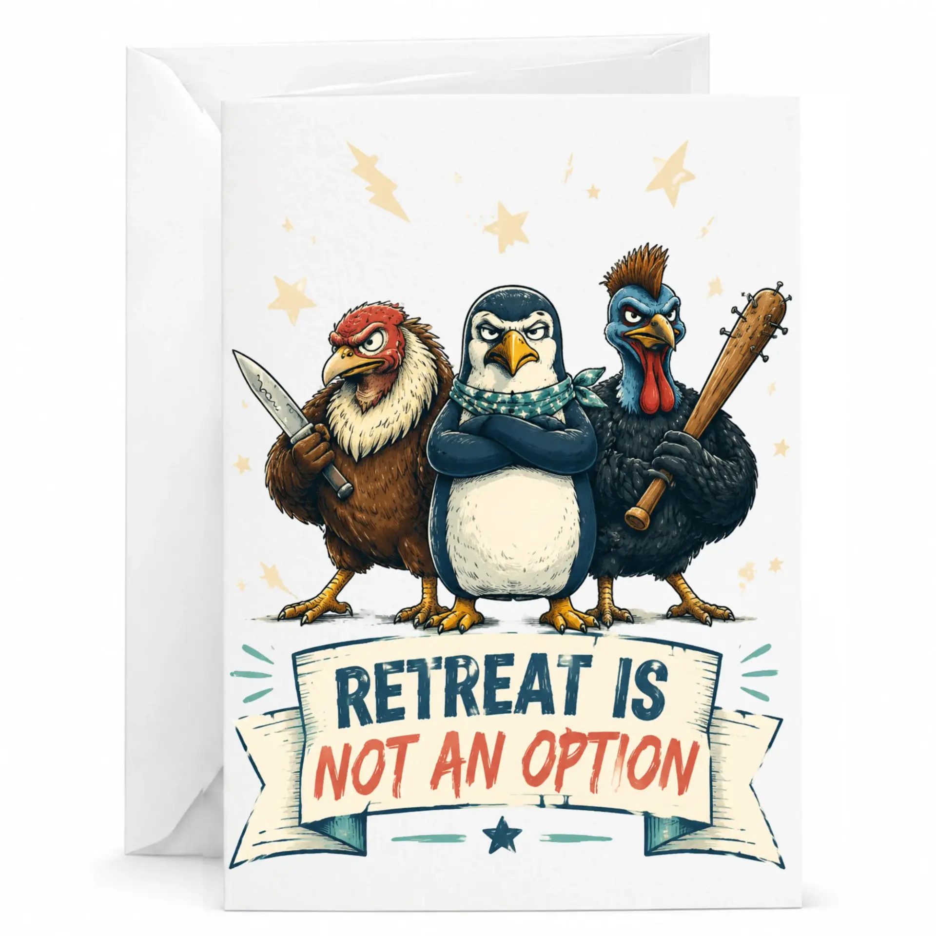 Funny Greeting Card Retreat Is Option Featuring Tough Birds and Penguin Illustration for All Occasions