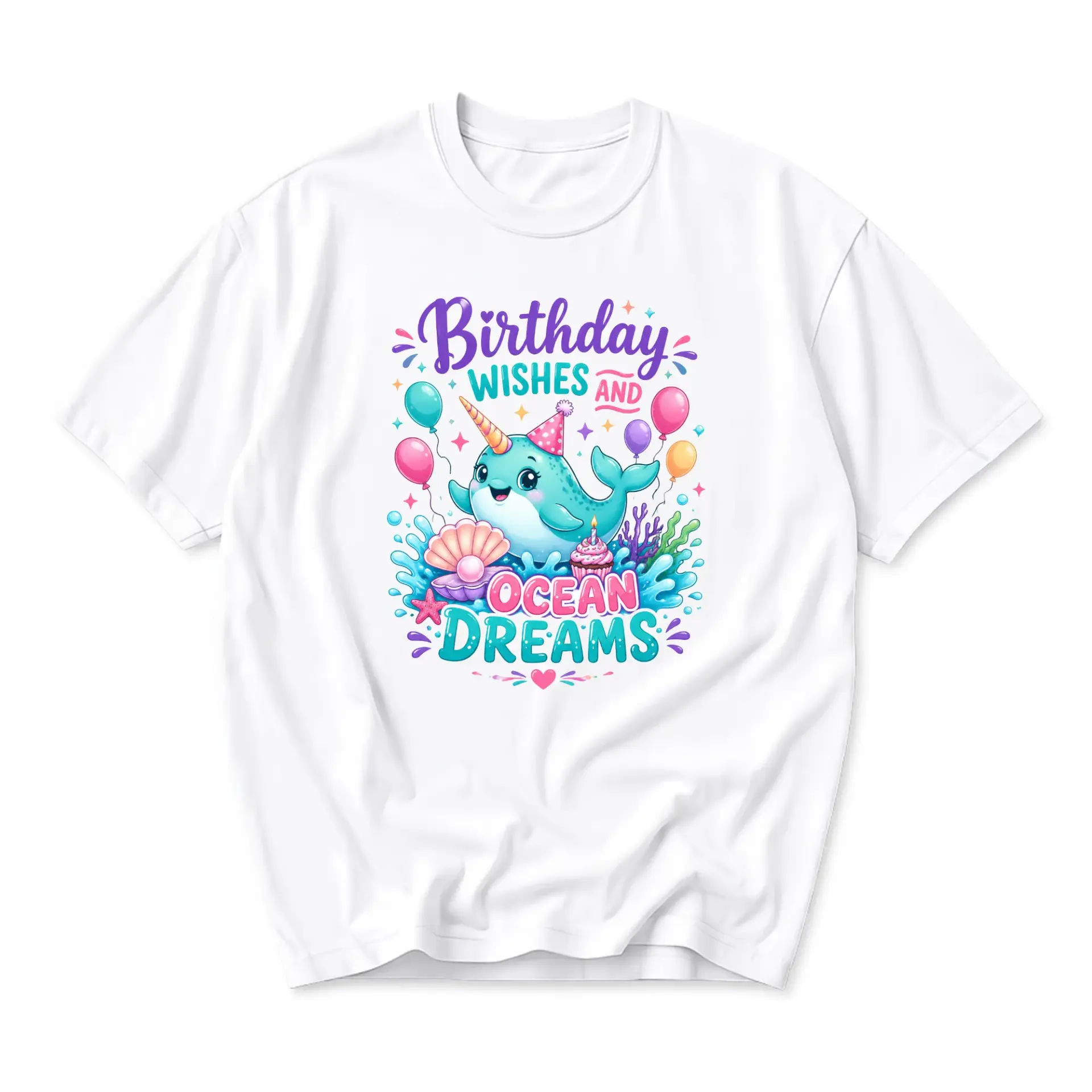 Graphic Tee Birthday Wishes and Ocean Dreams Narwhal Illustration Unisex
