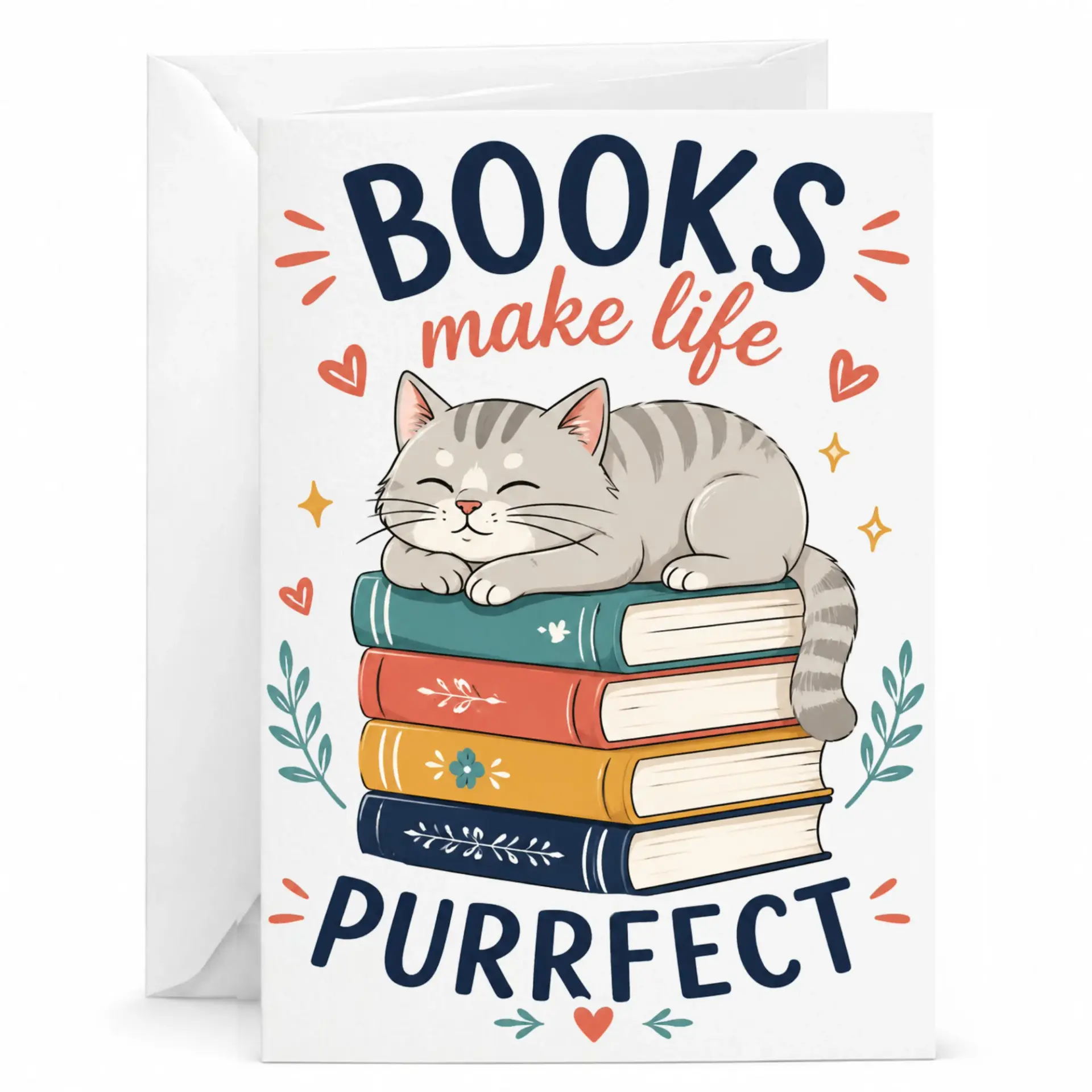 Funny Cat Greeting Card Books Make Life Purrfect Illustration 5x7 Folded Note Card for Book Lovers and Cat Enthusiasts