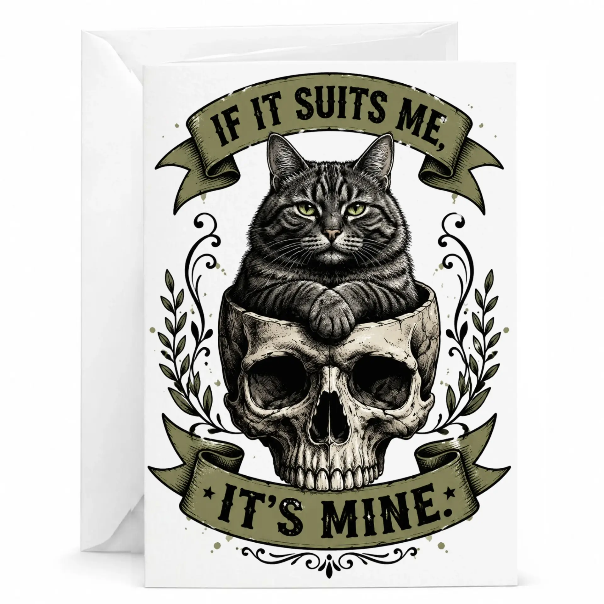 Funny Cat Greeting Card If It Suits Me It Is Mine Gothic Style Tabby Kitten in a Skull Design for Any Occasion