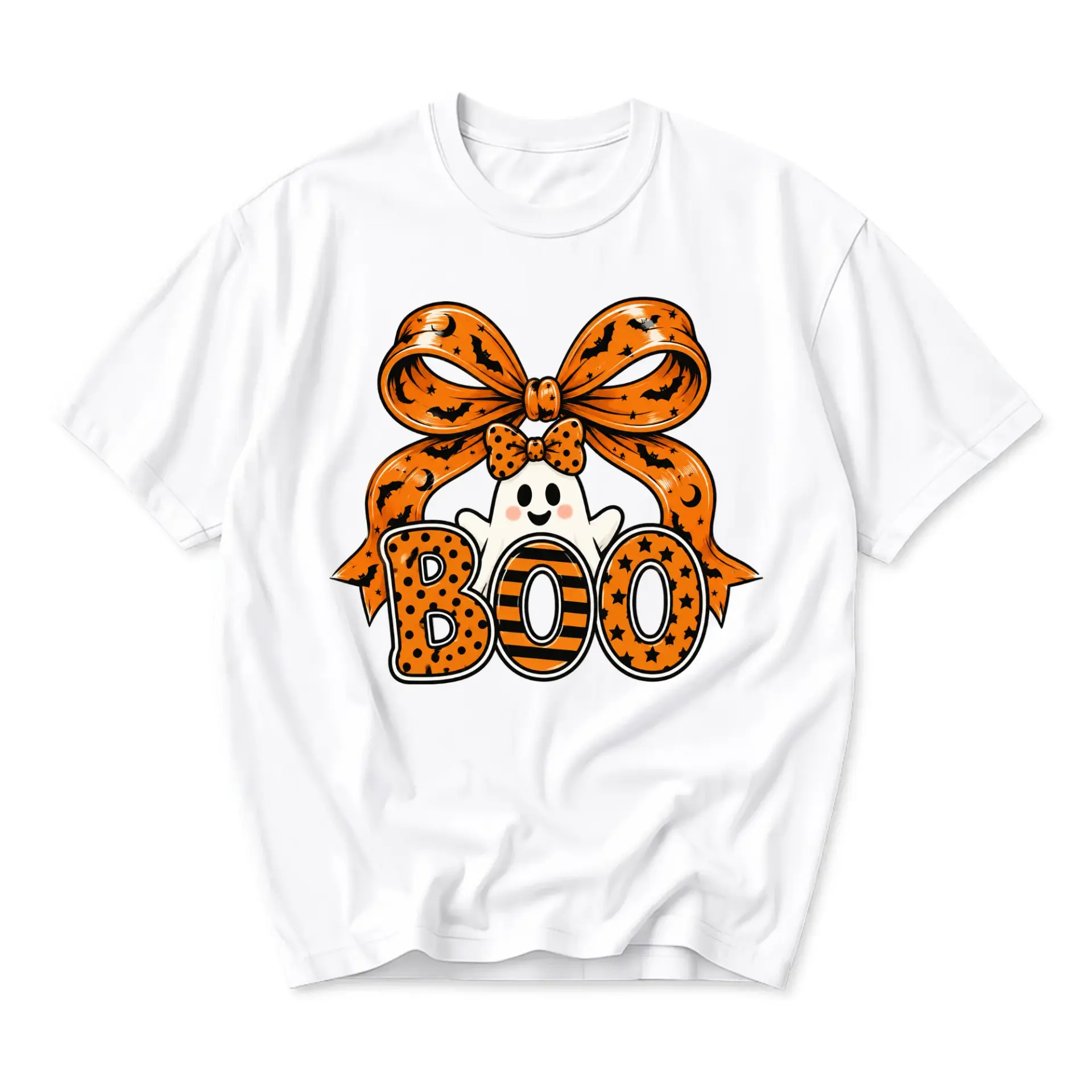 Funny Shirt Boo Ghost Halloween Graphic Tee Featuring a Cute Polka Dot Bow Unisex Casual Short Sleeve Cotton Top