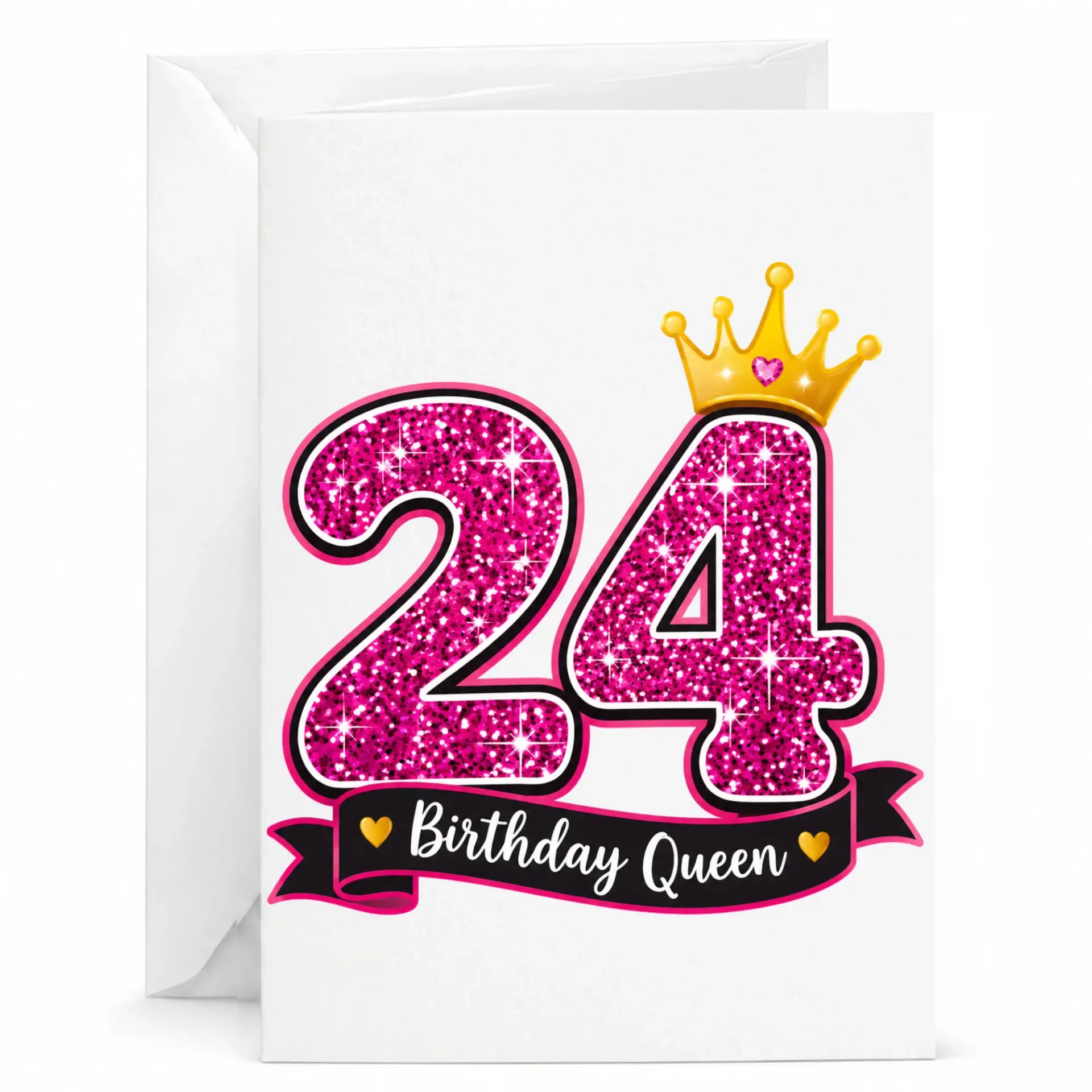 Birthday Card for 24th Birthday Queen Pink Glitter Number Design 5x7 Folded Greeting Card with Matching White Envelope