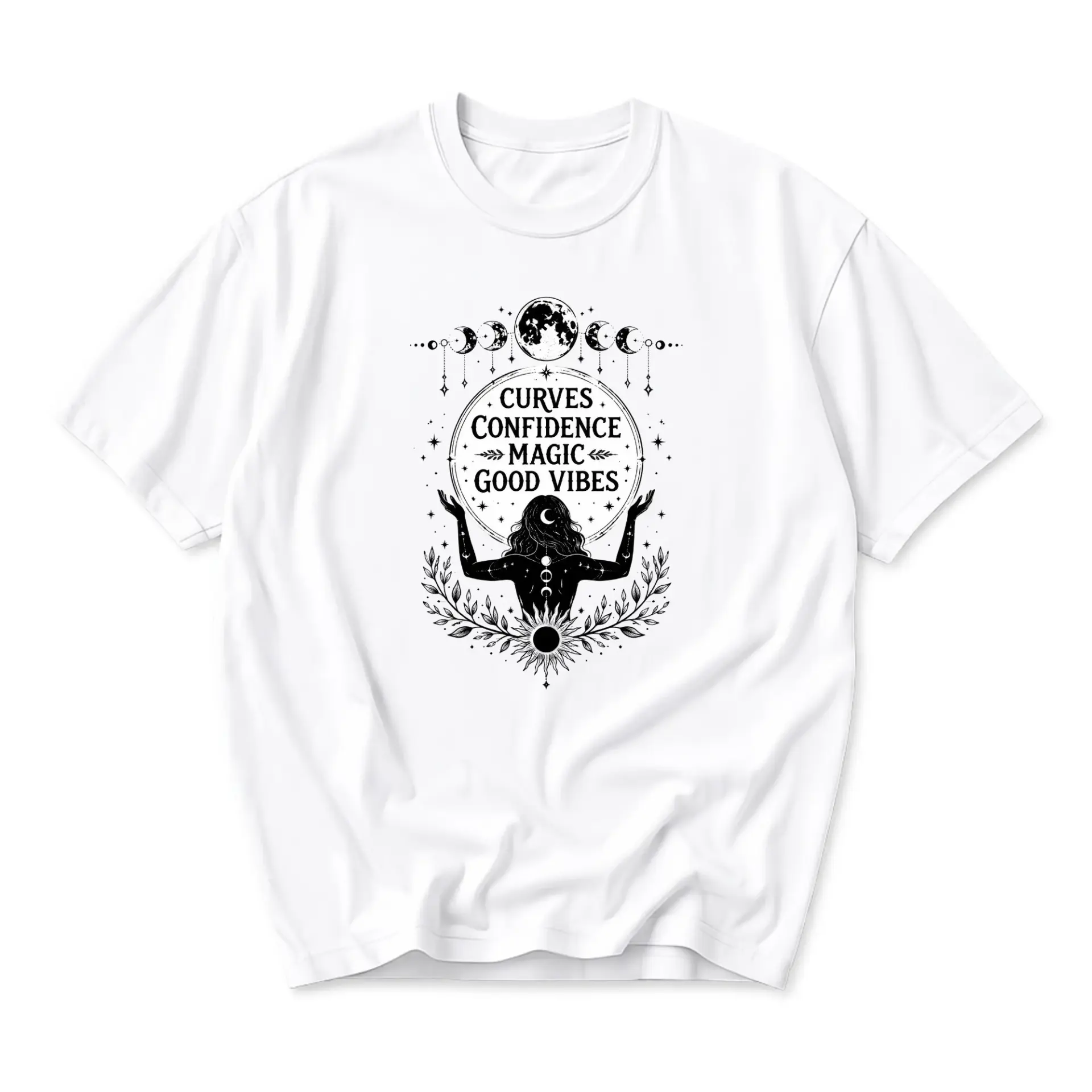 Graphic Tee Celestial Woman Design Curves Confidence Magic Good Vibes Inspirational Art Casual Cotton Crew Neck Shirt