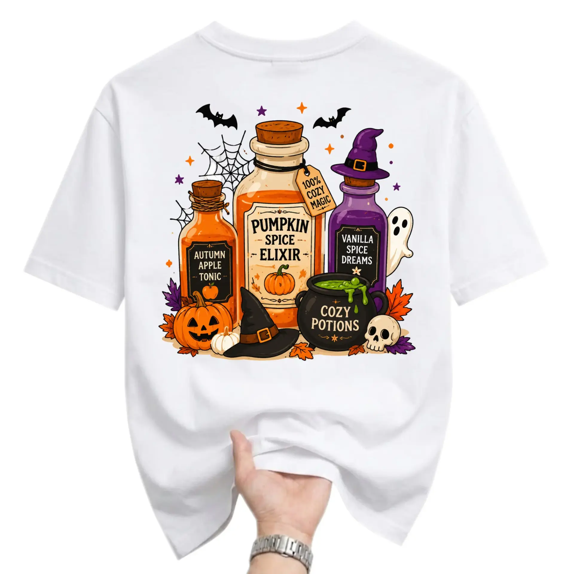Graphic Tee Unisex Crew Neck T-Shirt Featuring Spooky Autumn Potion Bottle Illustrations for Seasonal Casual Wear