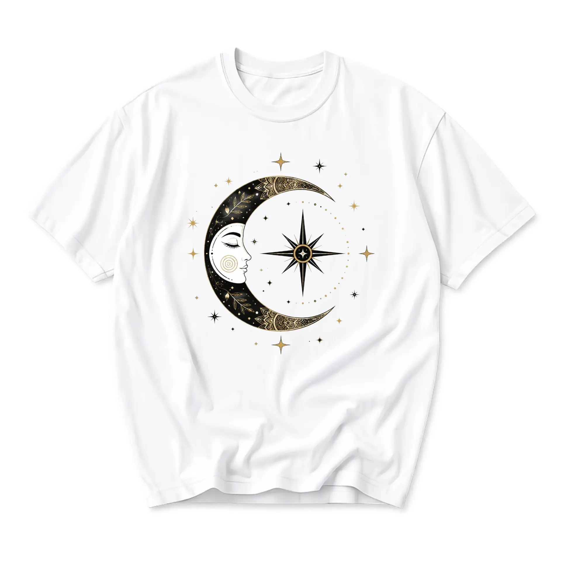 T-shirt Celestial Crescent Moon and Star Graphic Tee Artistic Bohemian Style Cotton Casual Short Sleeve Unisex Top