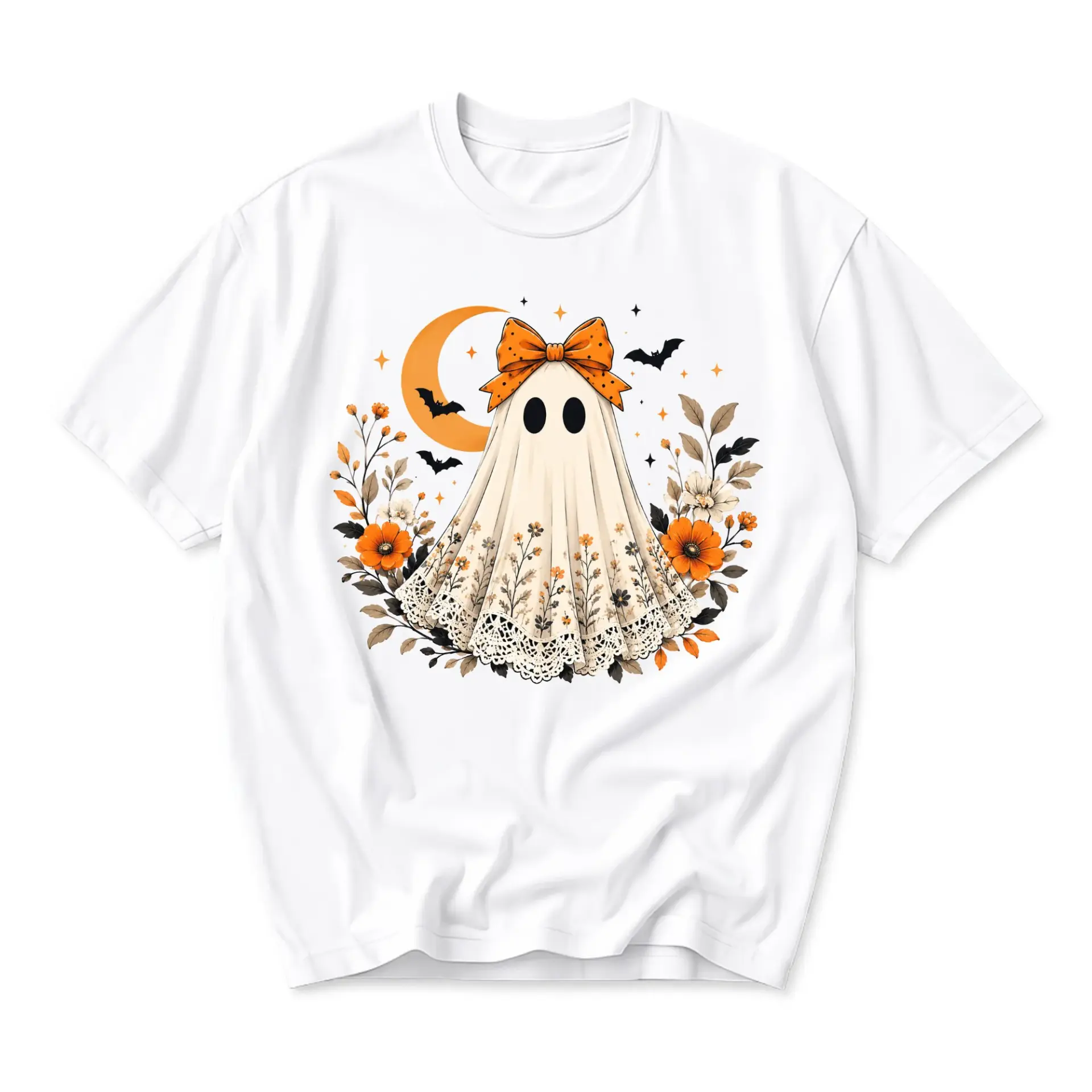 Graphic Tee Cute Ghost with Bow and Fall Flowers Print Unisex Crew Neck Casual Cotton Blend Short Sleeve Shirt