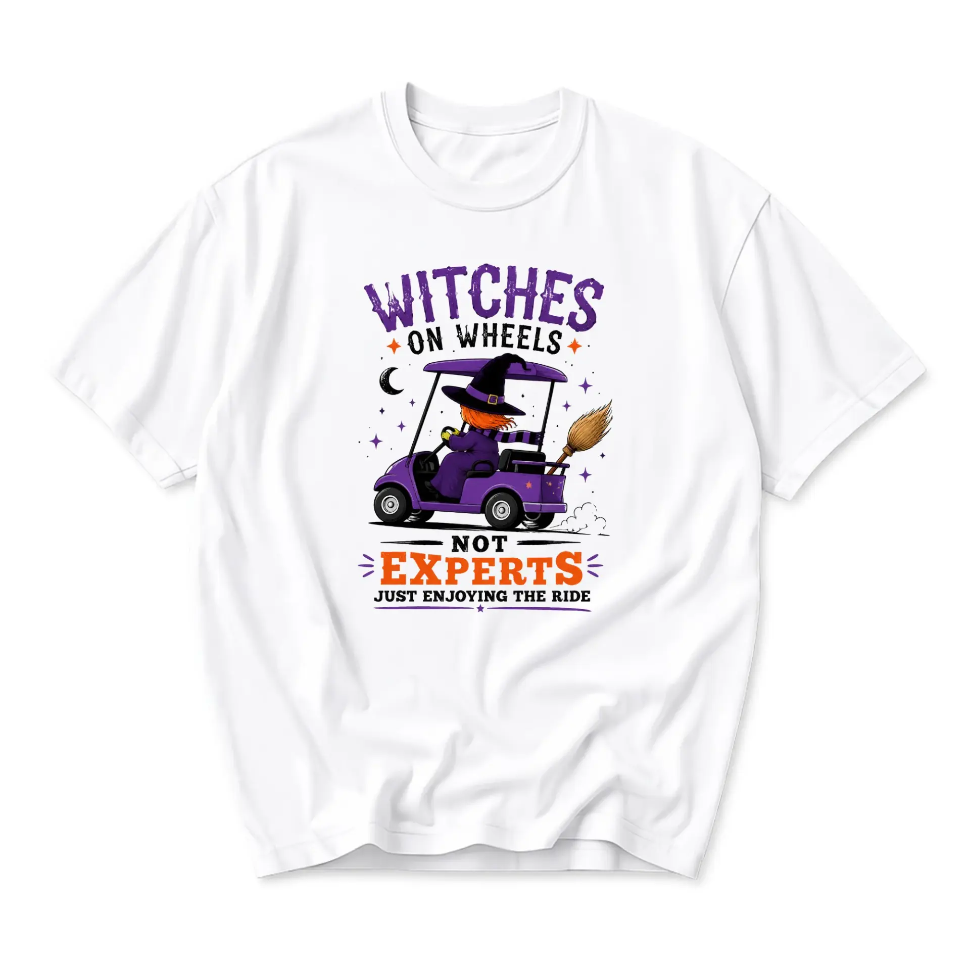 Funny Shirt Witches on Wheels Graphic Tee Casual Unisex Crew Neck Top for Halloween and Everyday Seasonal Humor Apparel