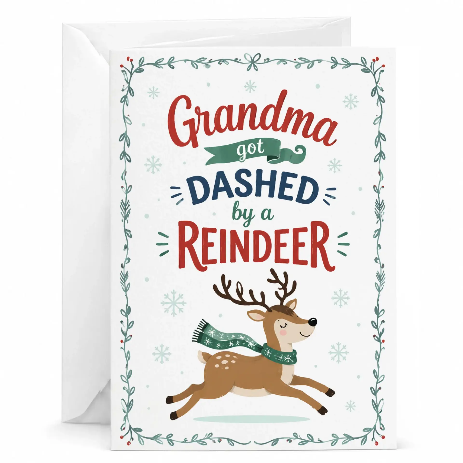 Funny Holiday Greeting Card Grandma Got Dashed by a Reindeer Pun Design Festive Winter Seasonal Note with Envelope