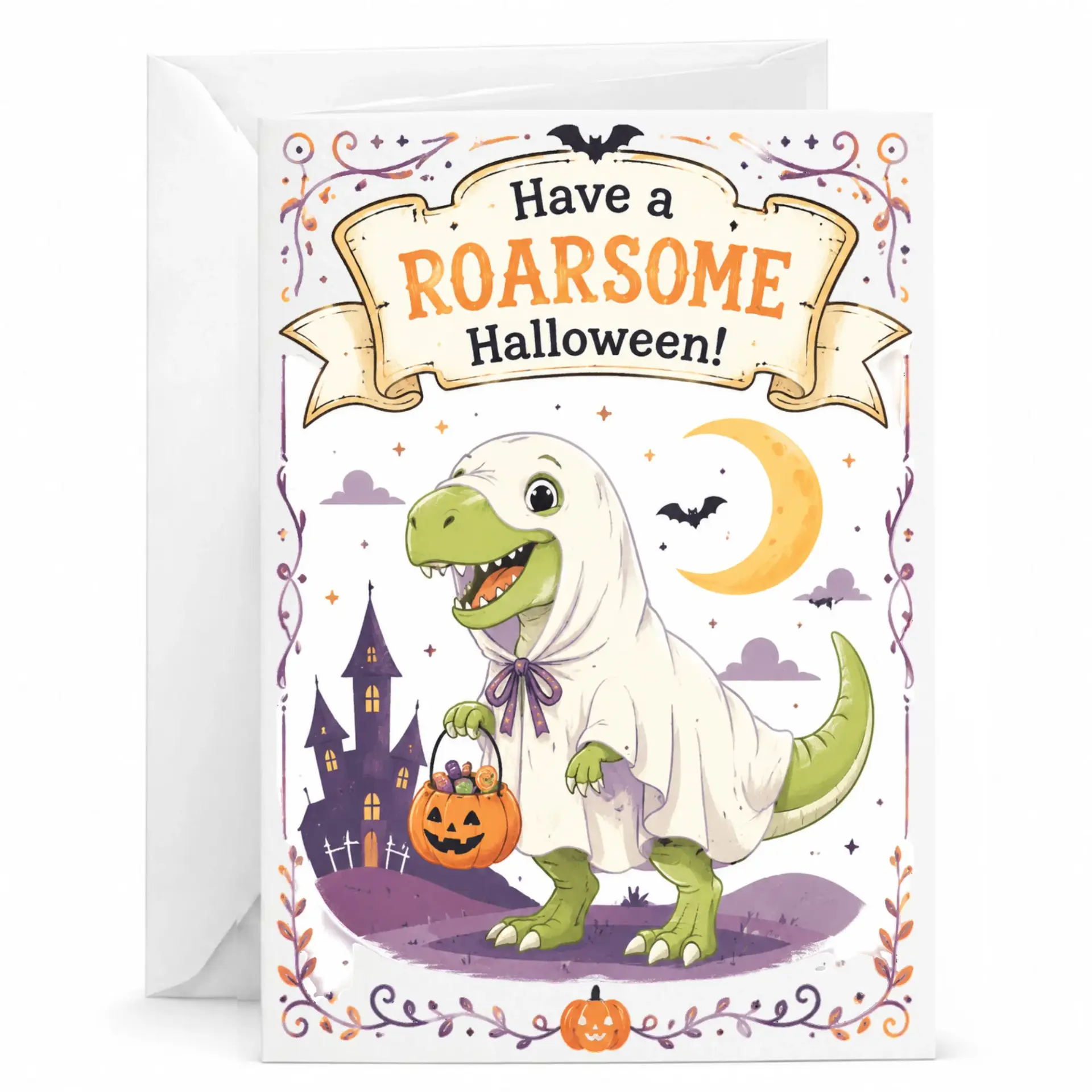 Funny Halloween Card Featuring Dinosaur Dressed as a Ghost for Spooky Autumn Celebration Greetings and Seasonal Wishes