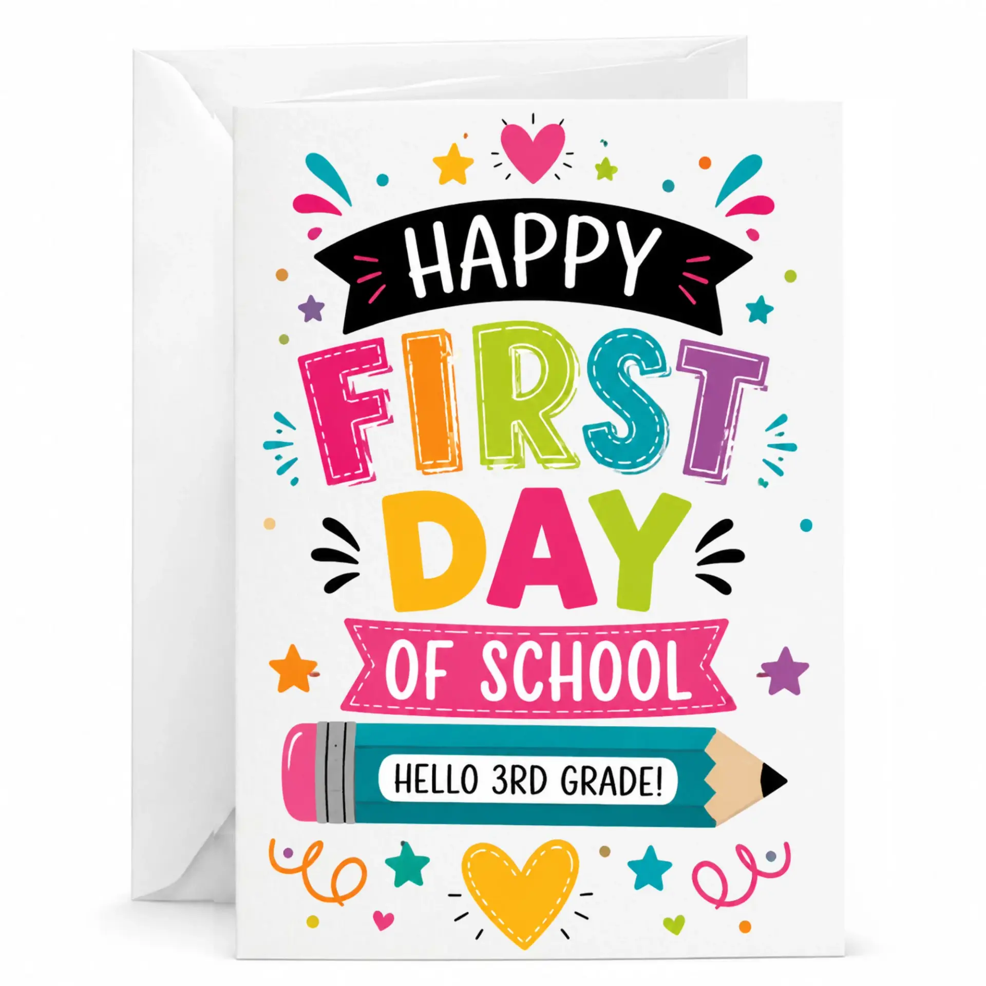 Happy First Day of School Greeting Card Hello 3rd Note with Matching White Envelope for Classroom