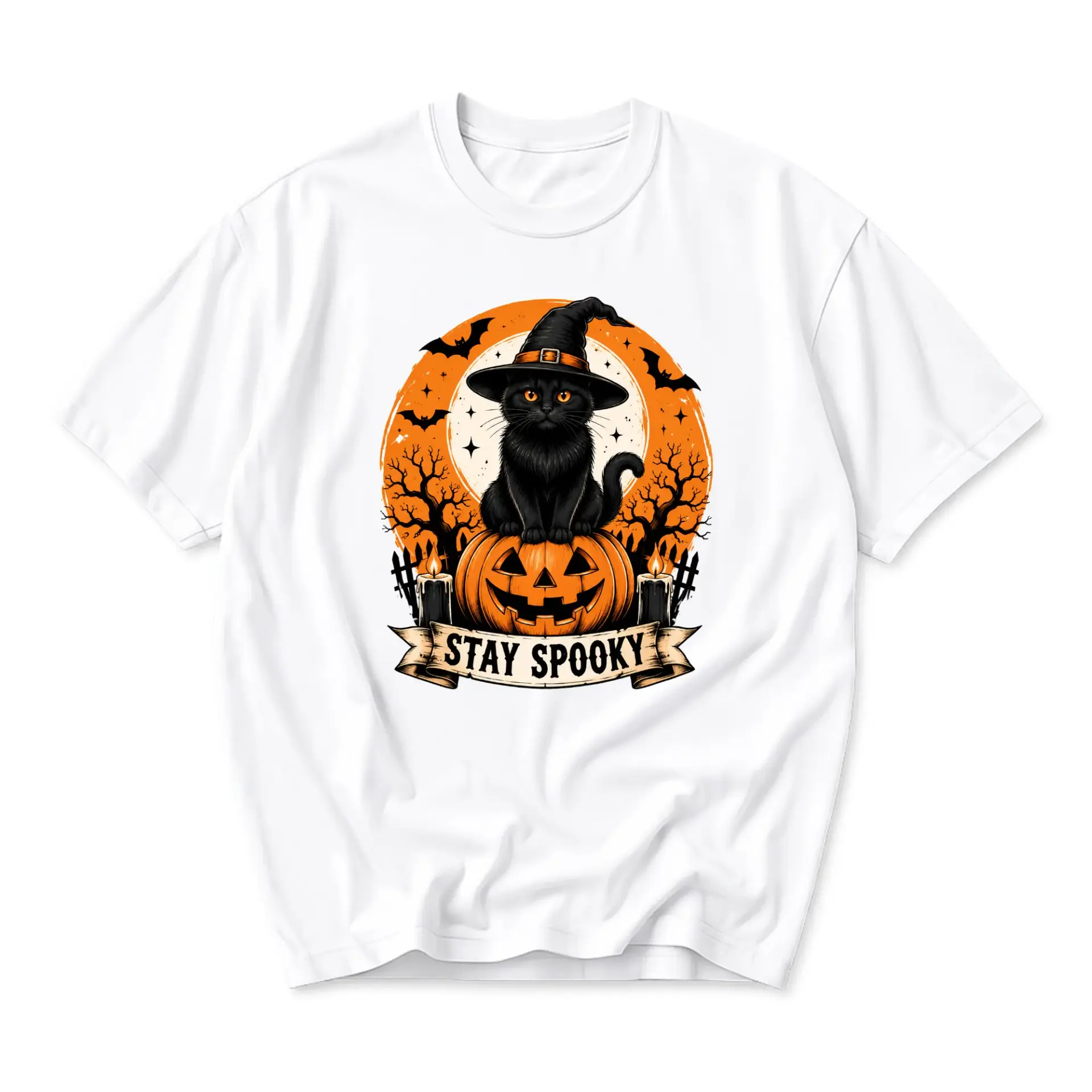Funny Shirt Stay Spooky Halloween Black Cat Graphic Tee Unisex Crew Neck Casual Wear Soft Cotton Blend Holiday Top