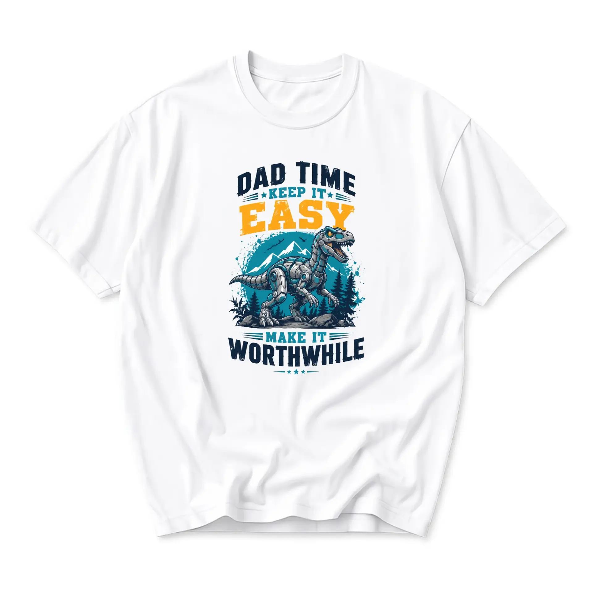 Funny Shirt Dad Time Graphic Tee for Men Unisex Crew Neck Casual Everyday Wear Inspirational Dinosaur Print Top White
