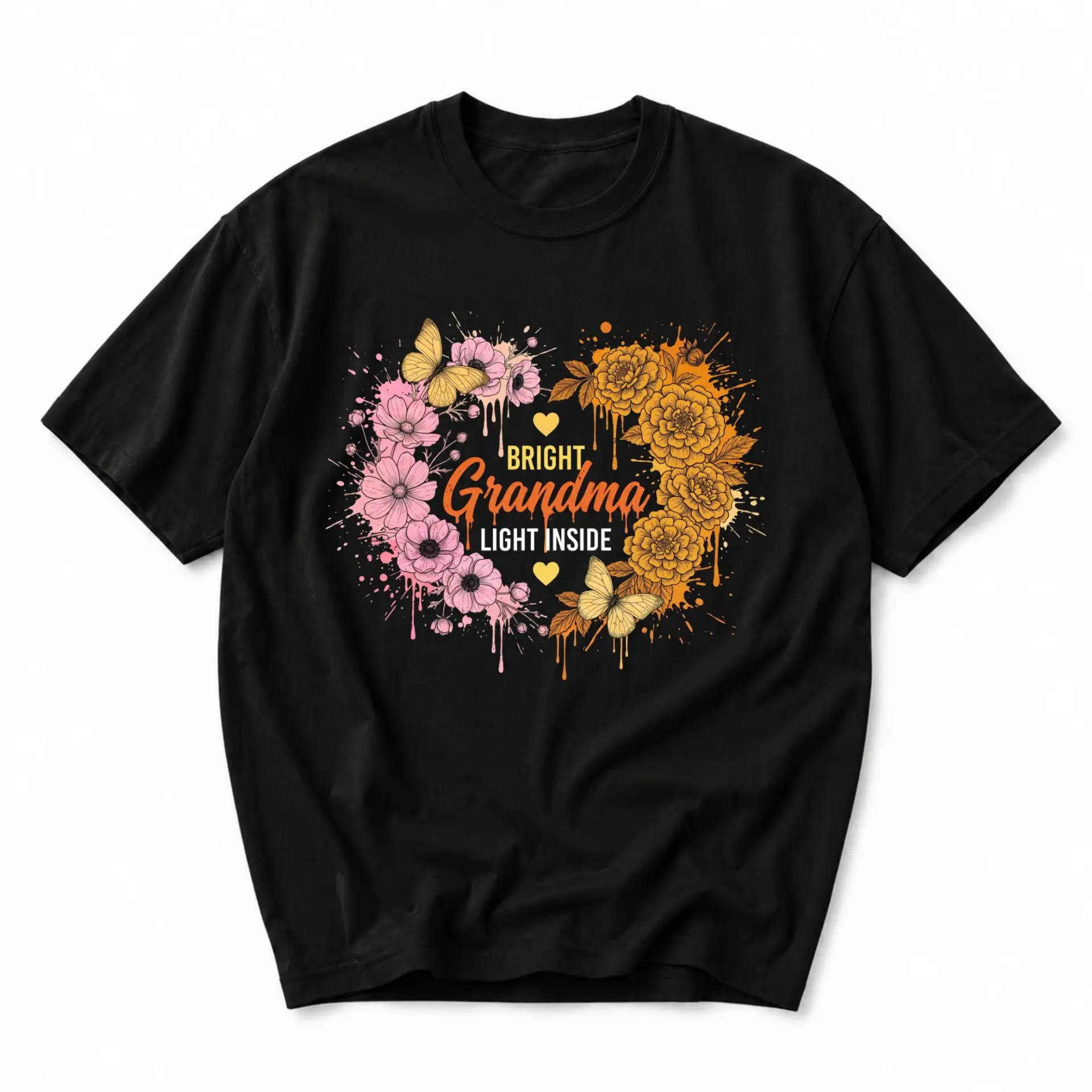 Graphic Tee Bright Grandma Light Inside Floral Butterfly Art Printed Unisex Casual Cotton Blend Crew Neck T-Shirt