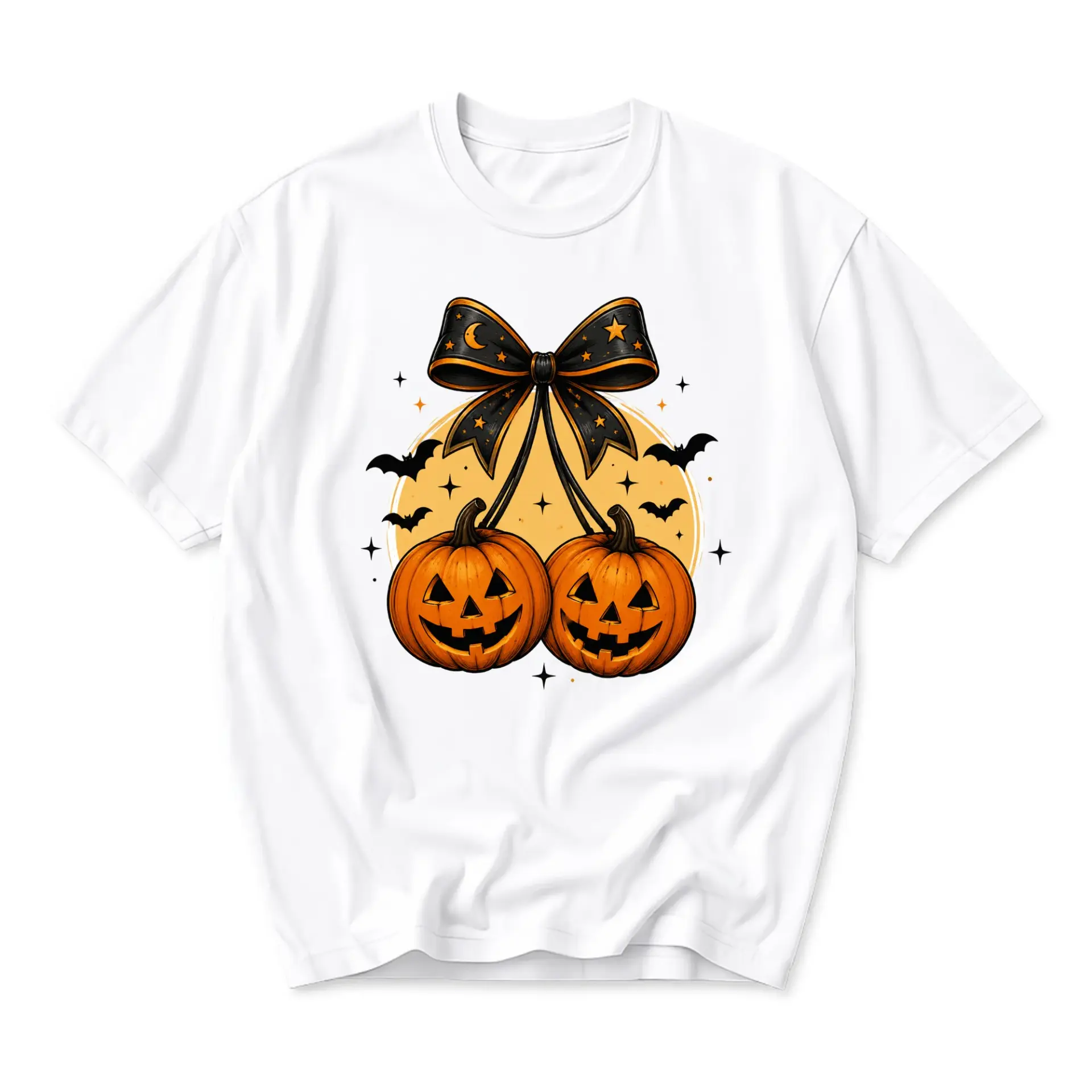 Graphic Tee Unisex Crew Neck T-Shirt Featuring Spooky Pumpkin Cherry Design with Festive Bow and Flying Bat Illustrations
