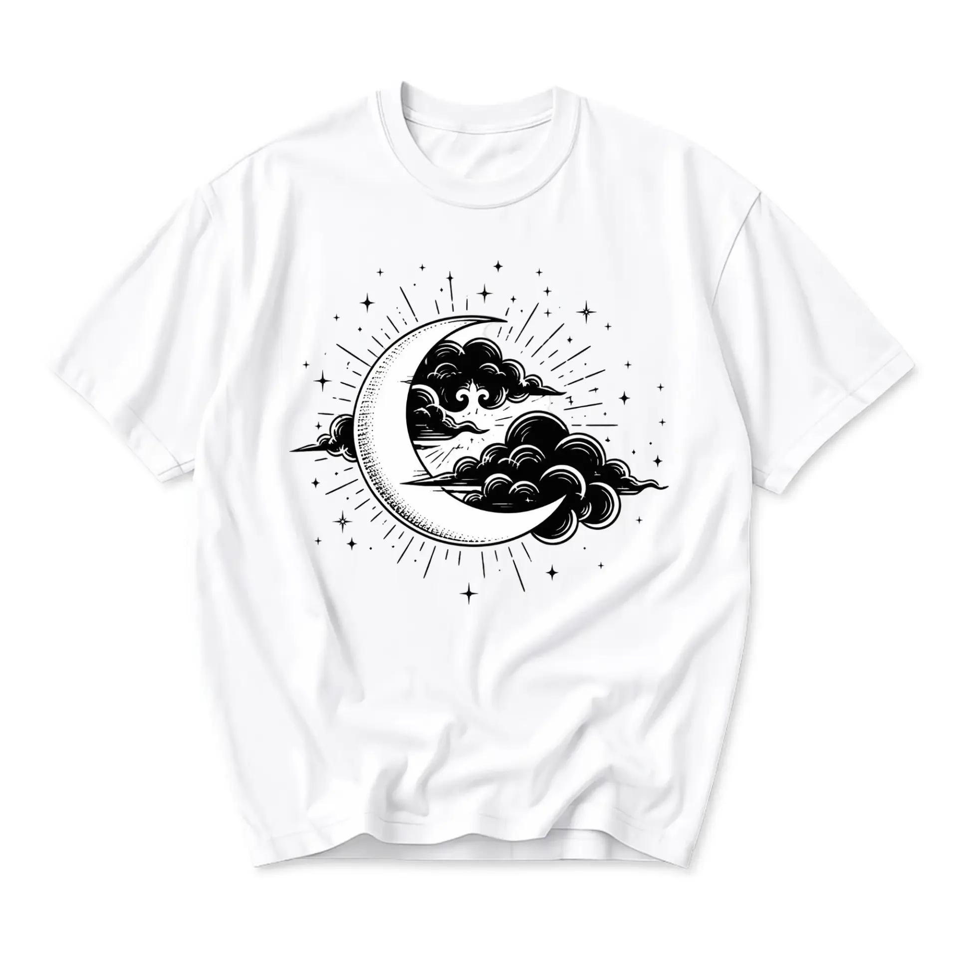 Graphic Tee Celestial Moon and Clouds Print Unisex Short Sleeve Cotton Crew Neck Everyday Casual Summer Fashion Top