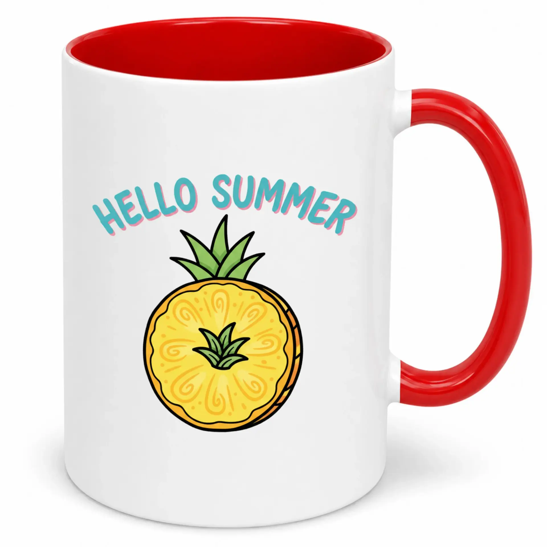 Tropical Pineapple Hello Summer Coffee Mug - Vibrant Ceramic Beverage Cup with Red Handle and Glossy Finish for Home or Office