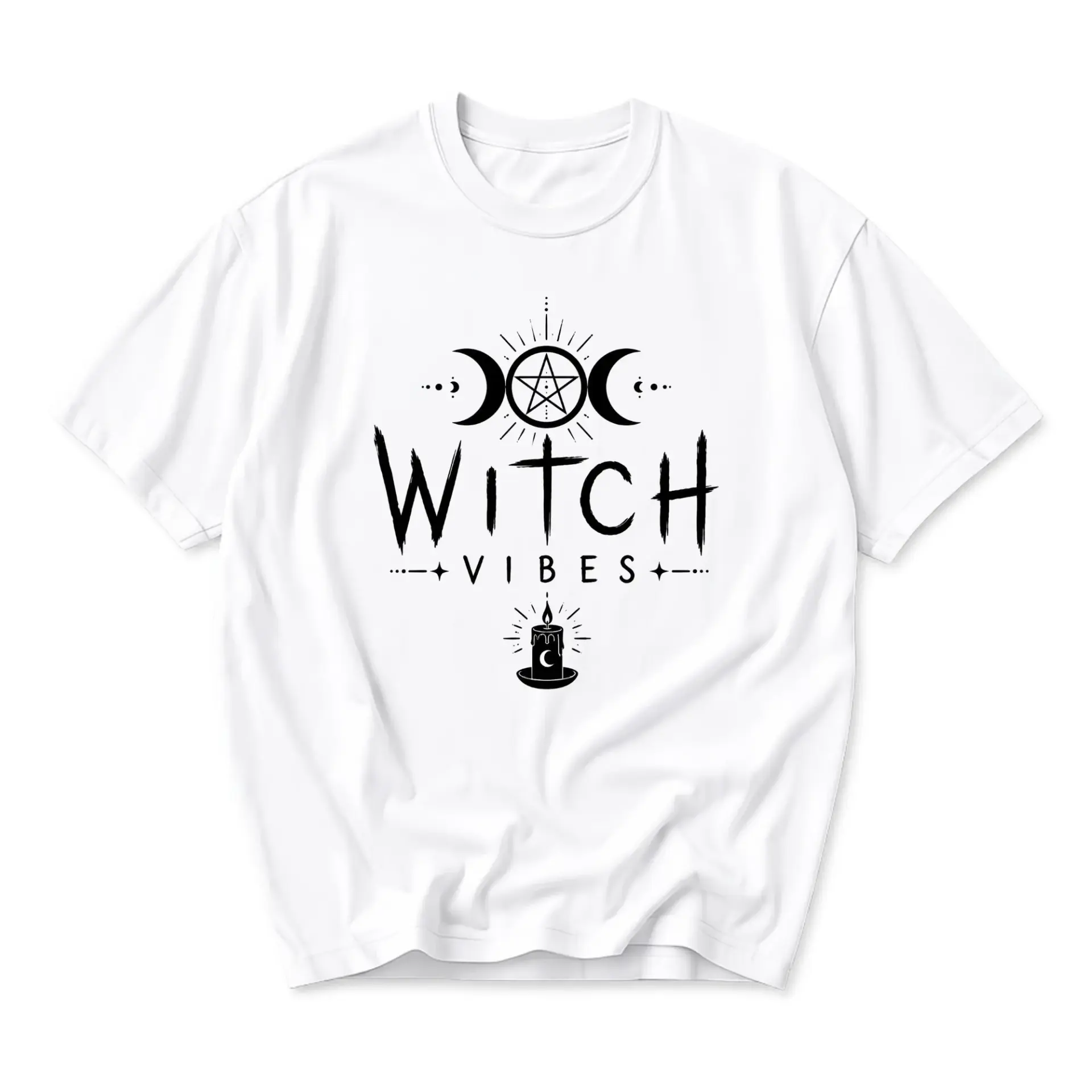 Graphic Tee Witch Vibes Celestial Moon Pentagram Design Unisex Crew Neck Short Sleeve Cotton Casual Everyday Shirt