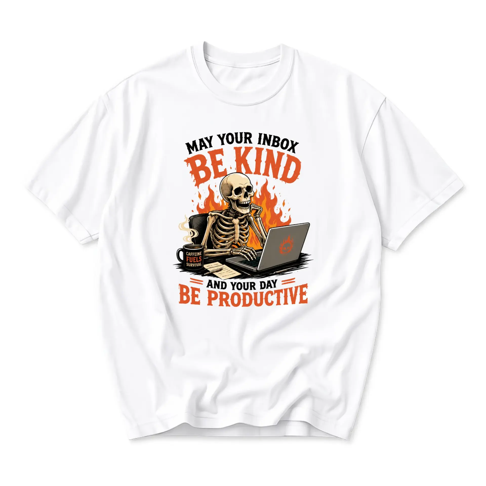 Funny Shirt Unisex Graphic Printed T-Shirt Featuring Skeleton Working on Laptop with Office Humor Quote White Tee
