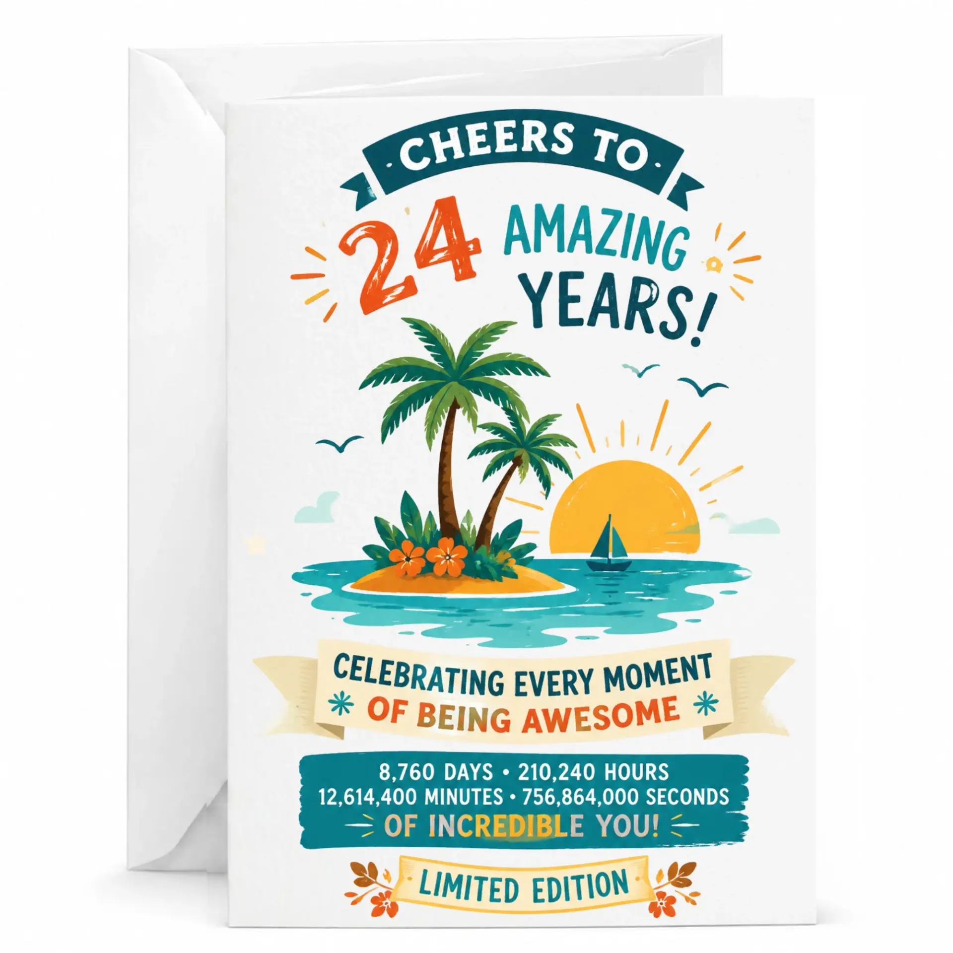 Birthday Card 24th Milestone Tropical Island Theme Greeting Card with Matching White Envelope for Milestone Celebration