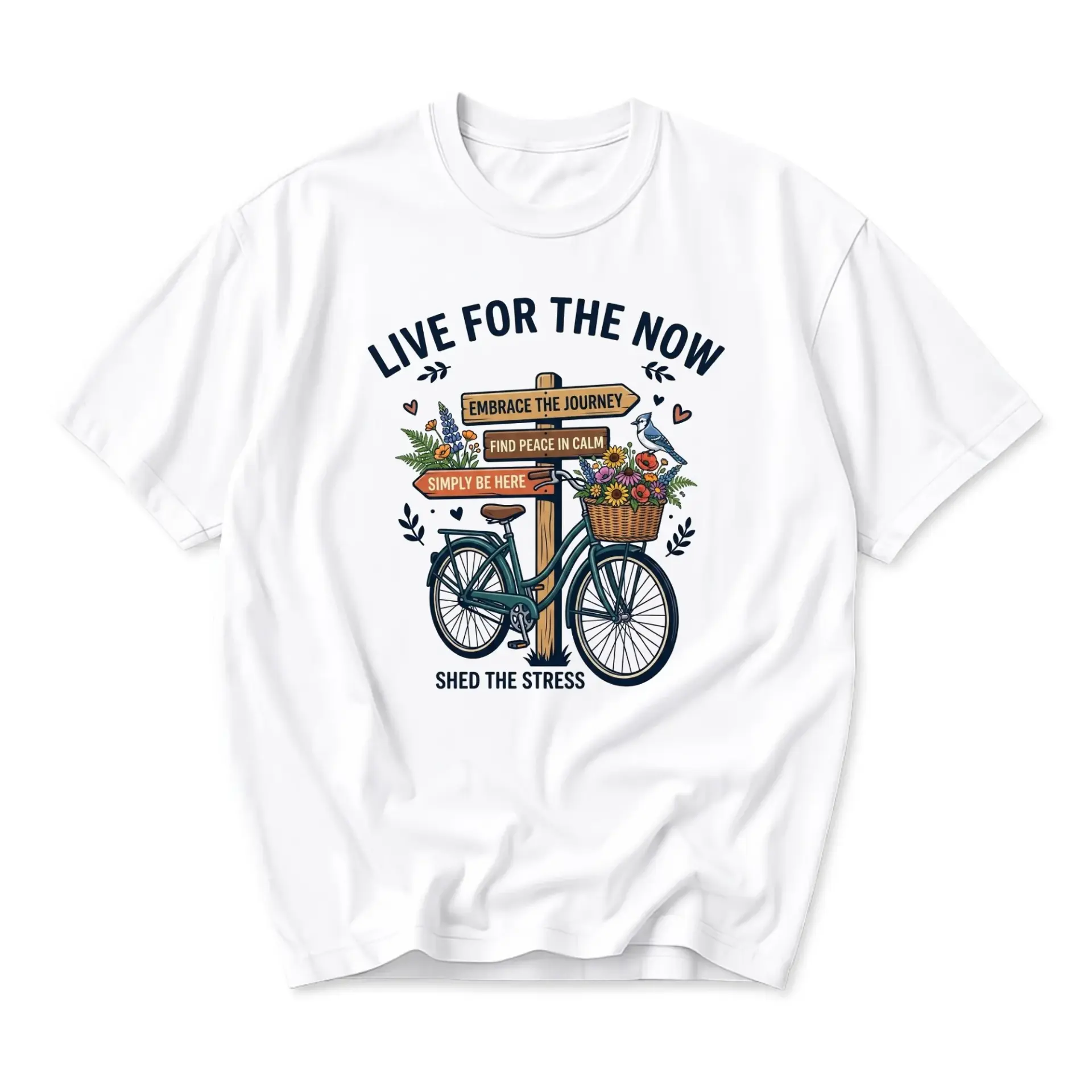 Graphic Tee Live for the Now Bicycle Art Print Unisex Crew Neck Casual Everyday Shirt for Outdoor Nature Enthusiasts