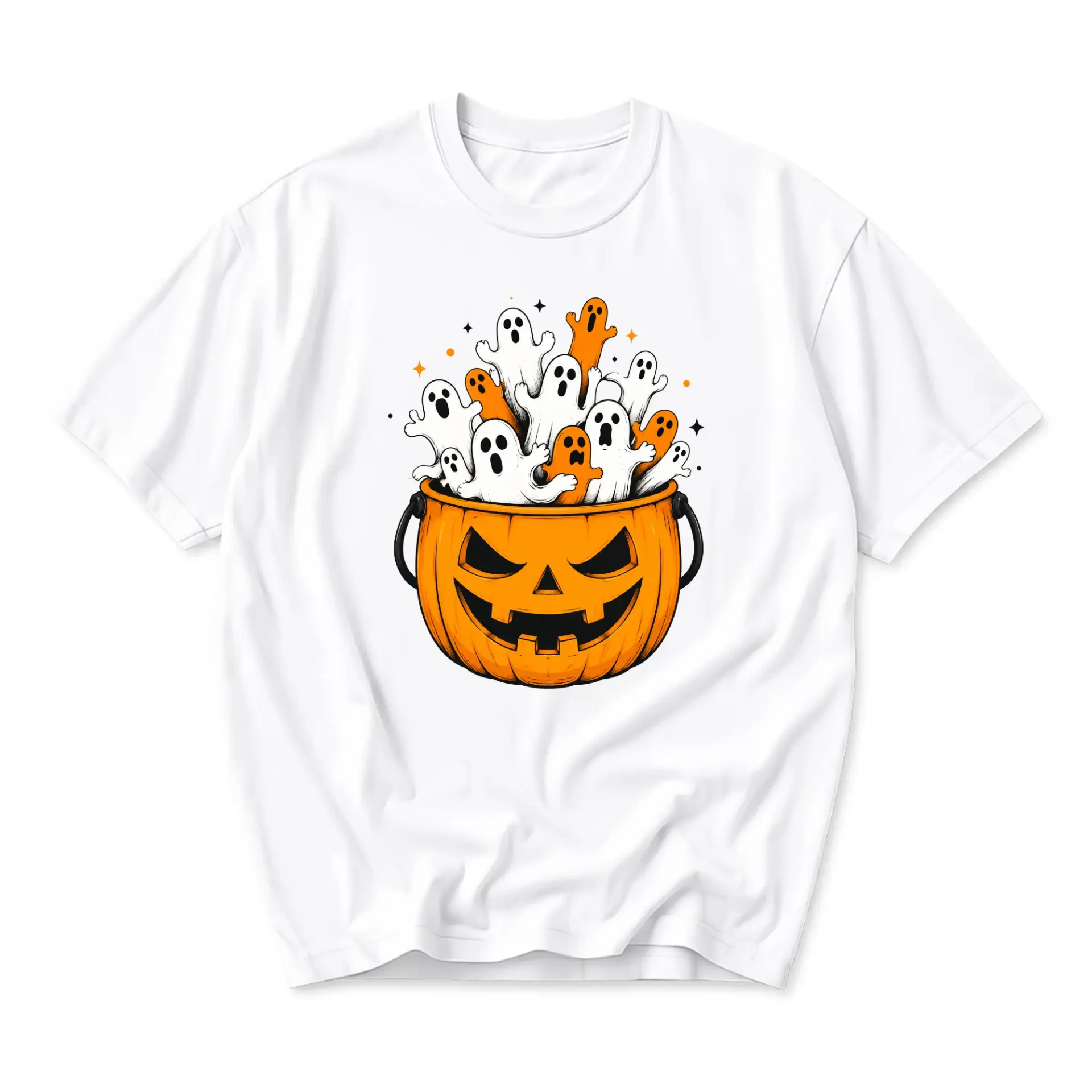 Graphic Tee Unisex Halloween Shirt Featuring a Cute Jack O Lantern Pumpkin Bucket Filled with Spooky Floating Ghosts