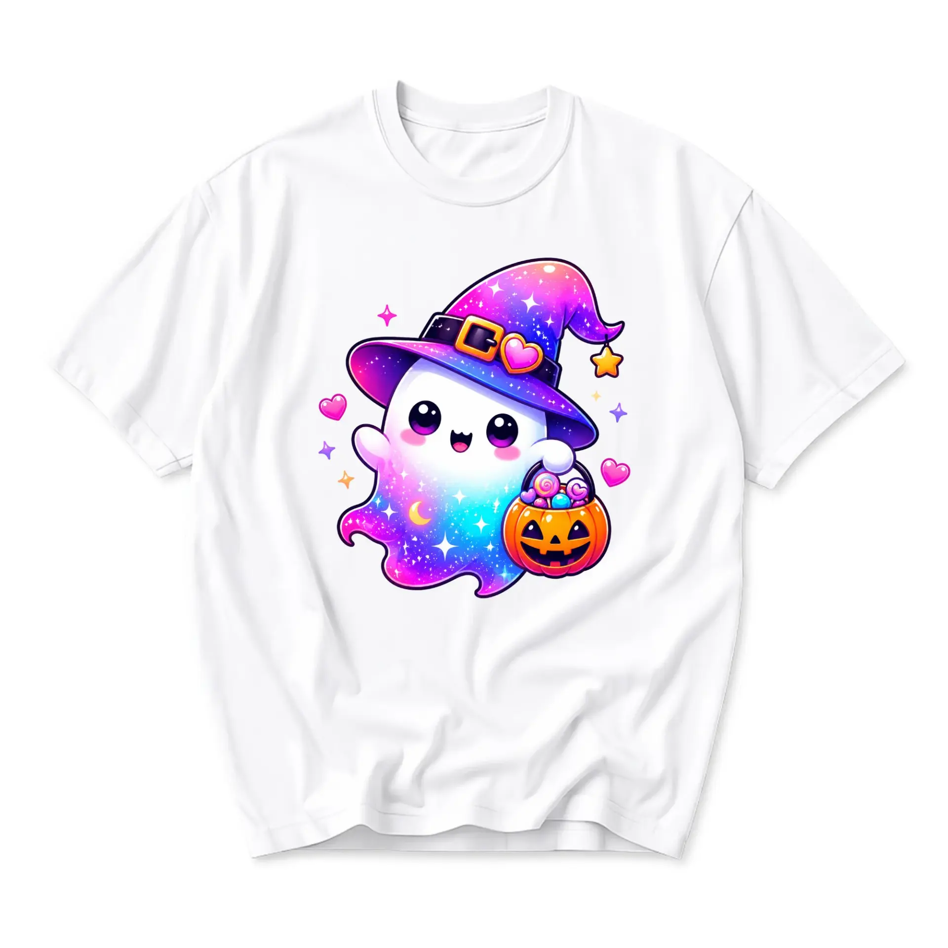 Graphic Tee Unisex Casual Crew Neck T-Shirt Featuring a Cute Galaxy Ghost Wearing a Witch Hat and Holding a Candy Bucket