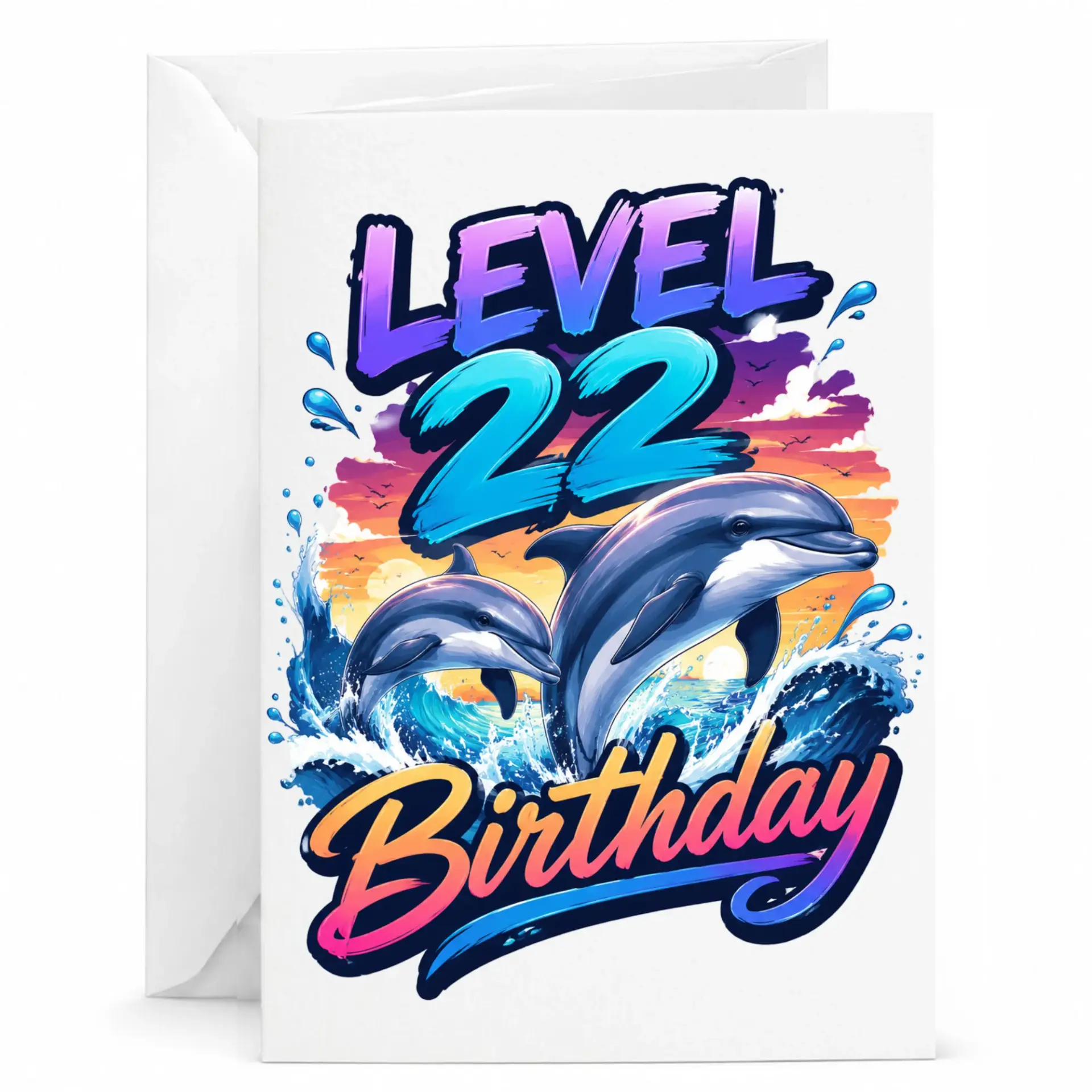 Birthday Card Level 22 Dolphin Design for Twenty Second Celebration, Fun Ocean Themed Greeting Card with White Envelope