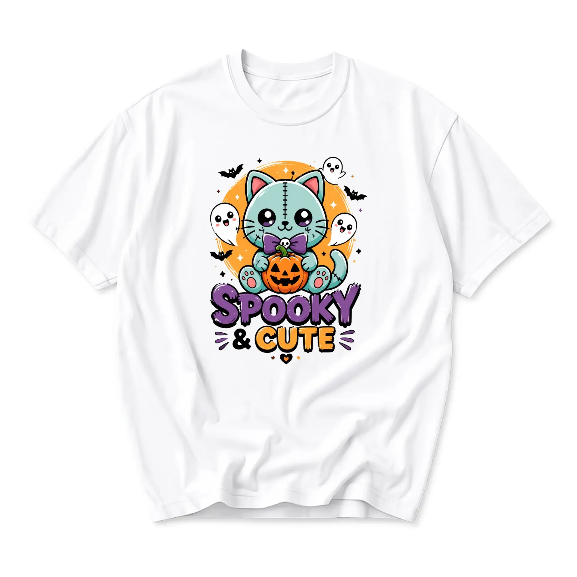 Funny Shirt Spooky and Cute Halloween Cat Graphic Tee Unisex Crew Neck Short Sleeve Casual Cotton Blend Apparel