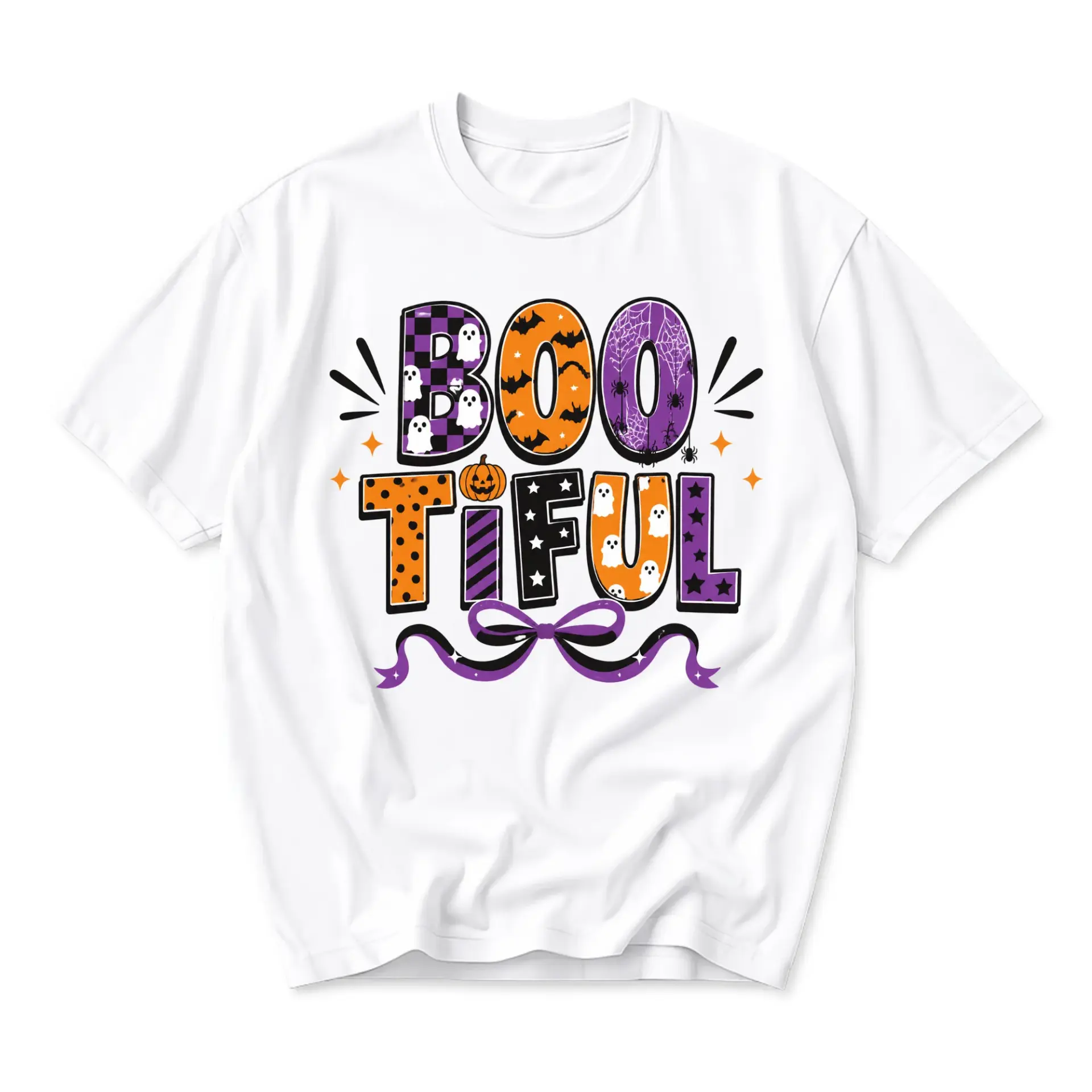 Funny Shirt Boo-Tiful Halloween Graphic Print Unisex Crew Neck Casual Everyday Wear Comfortable Soft Cotton Blend Tee