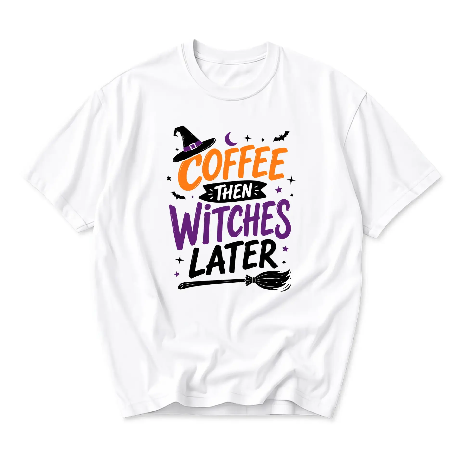 Funny Shirt Coffee Then Witches Later Graphic Tee Casual Unisex Crew Neck Top for Fall Season Seasonal Apparel