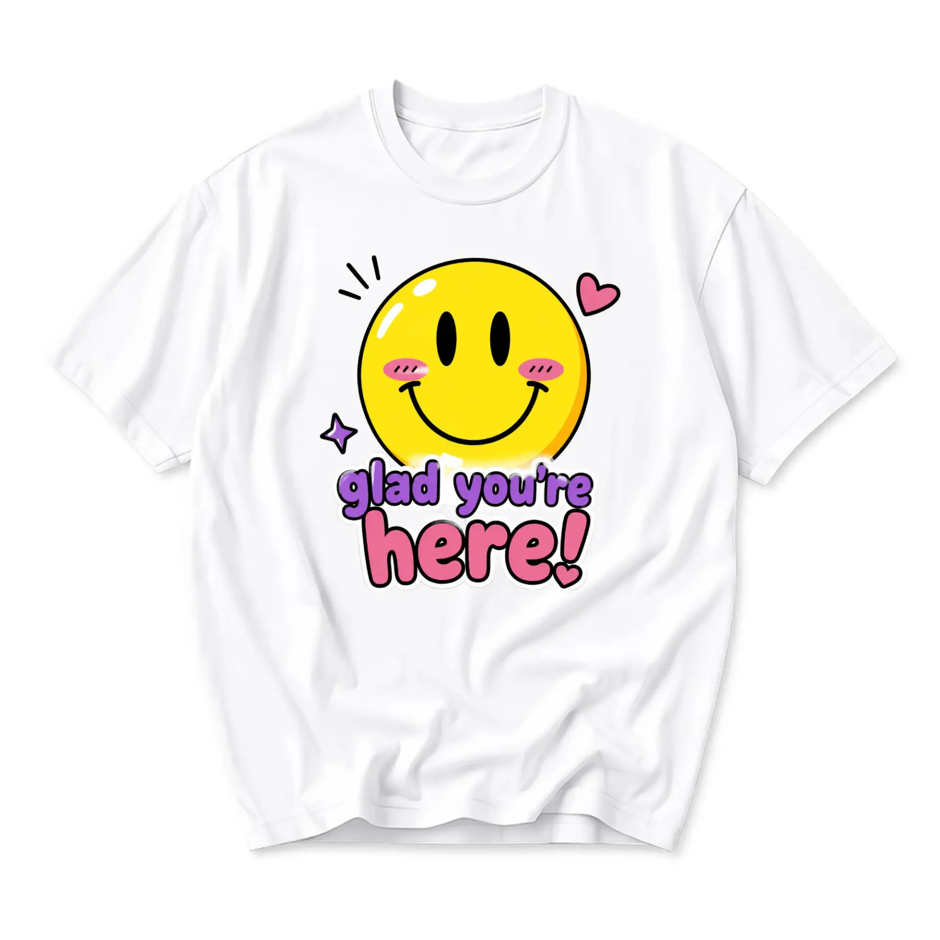Graphic Tee Glad You Are Here Smile Face Aesthetic Casual Unisex Crew Neck Cotton Blend Shirt Positive Message