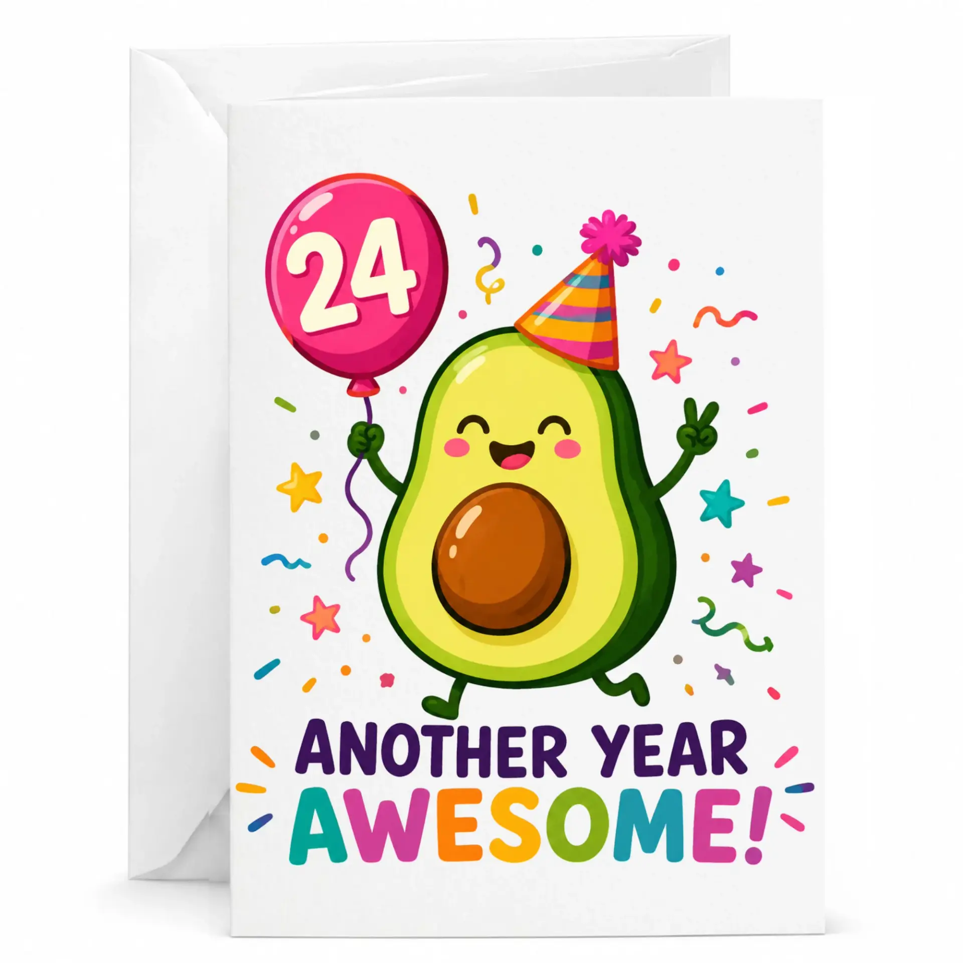 Birthday Card Funny Avocado 24th Anniversary Greeting Card for Twenty-Fourth Birthday Celebration with Matching Envelope