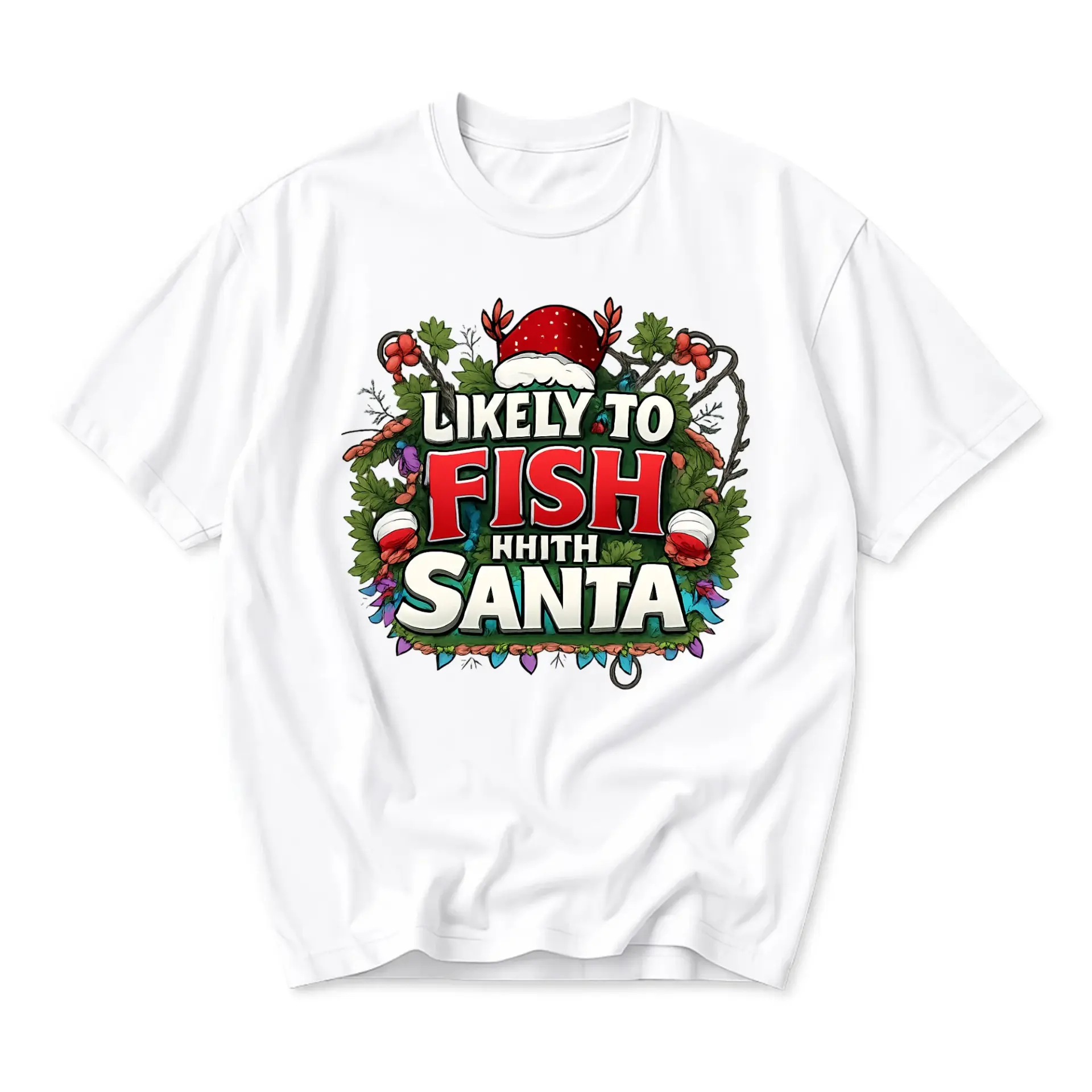 Funny Shirt Likely to Fish with Santa Holiday Graphic Tee Unisex Short