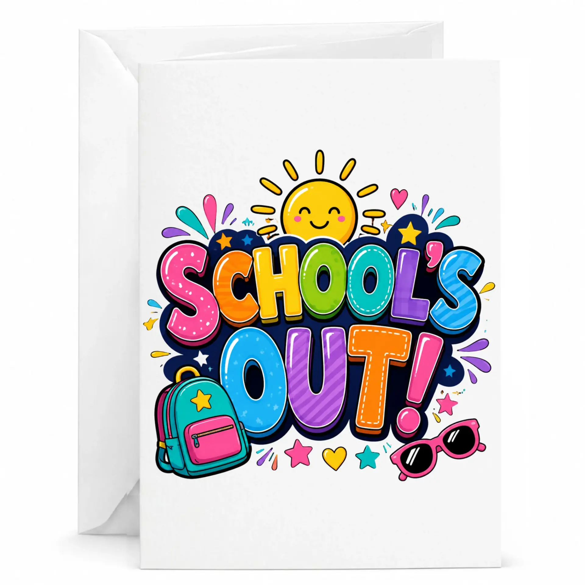 Funny School Is Out Greeting Card with Envelope Vibrant Summer Break Illustration for Seasonal and Fun