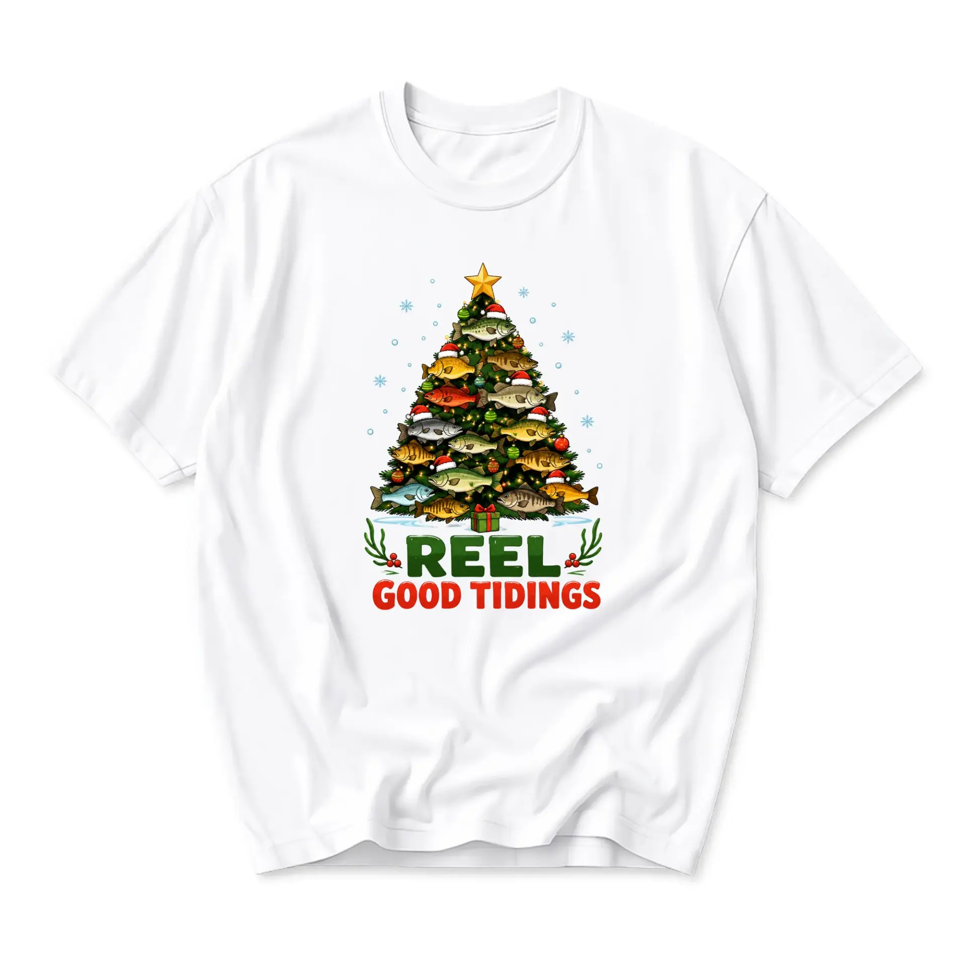 Graphic Tee Reel Good Tidings Christmas Tree Fishing Design Unisex Casual Crew Neck Soft Cotton Blend Apparel